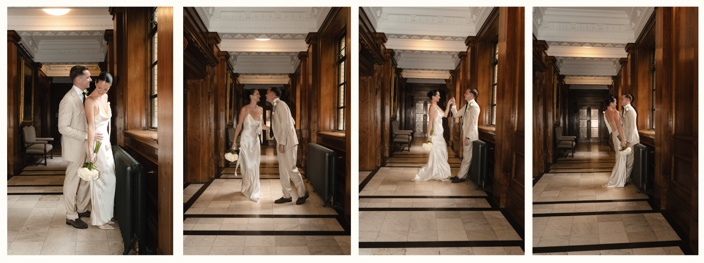 Newlyweds dancing through the iconic hallways of Old Marylebone Town Hall after their wedding ceremony