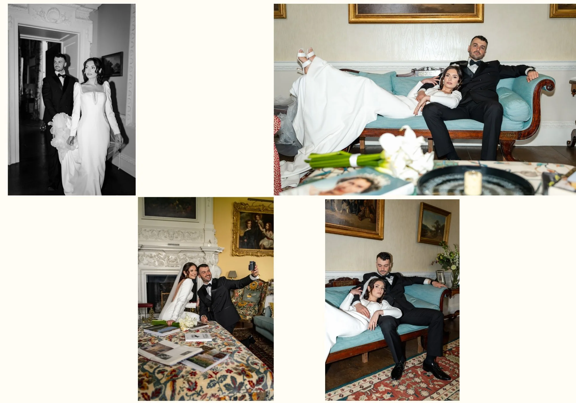 Wedding portraits throughout the characterful historic interiors at Kirtlington Park, an Oxfordshire stately home wedding venue