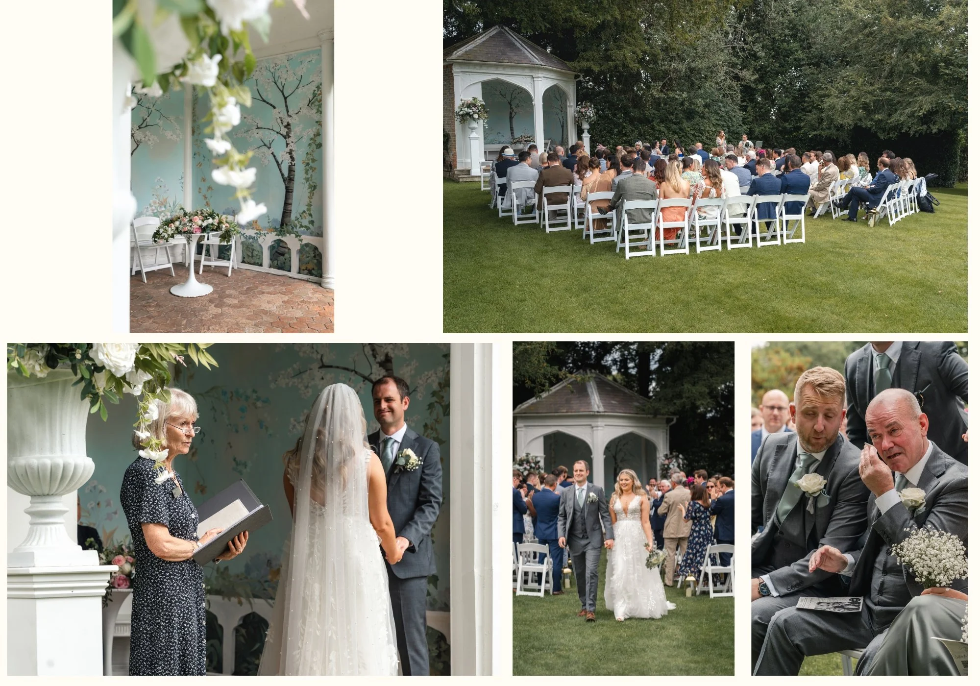 Outdoor wedding ceremony at Wasing Park's Victorian Summerhouse, showing the botanical fresco, guests seated on the lawn, the father of the bride crying tears of joy and the newlyweds walking back down the aisle