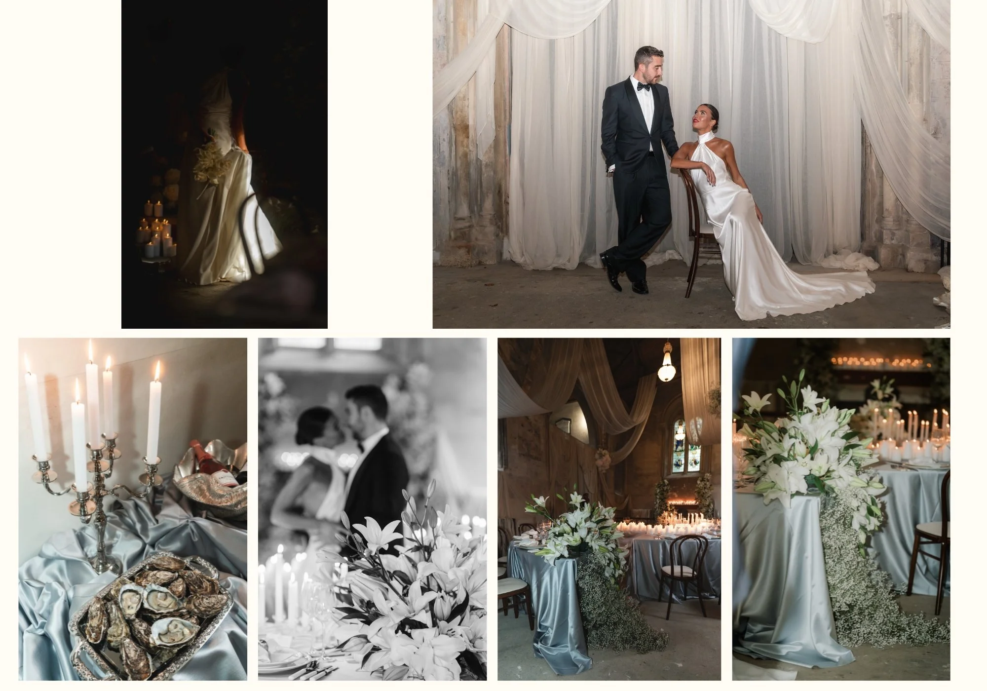 Wedding styling inspiration at The Bell Tower at The Elvetham, a wedding venue in Hampshire, with silk draping, candlelight, white florals and bride and groom portraits