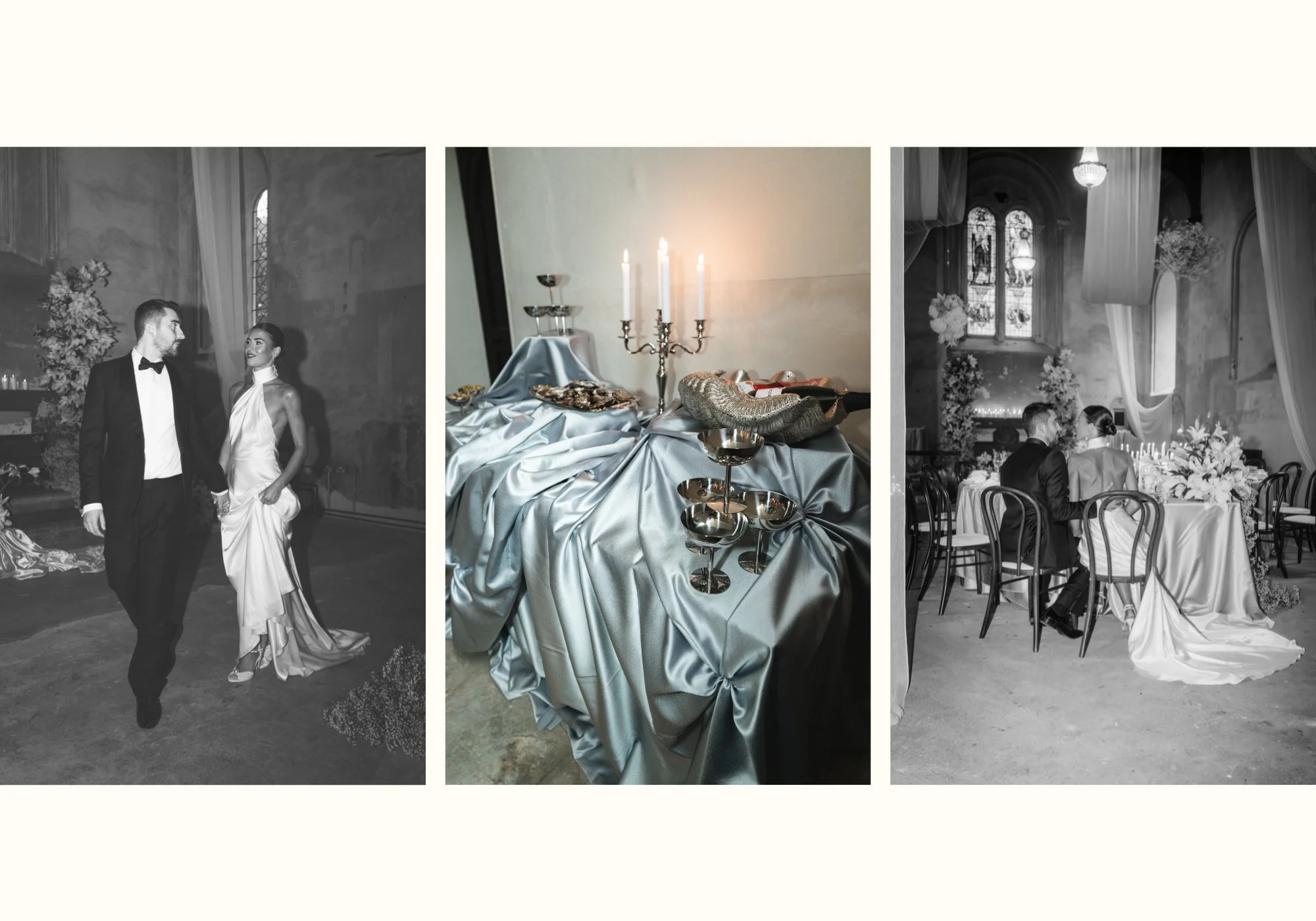 Wedding breakfast and wedding party details at The Bell Tower at The Elvetham in Hampshire, including buffet table, table settings and candle lit bride and groom portraits