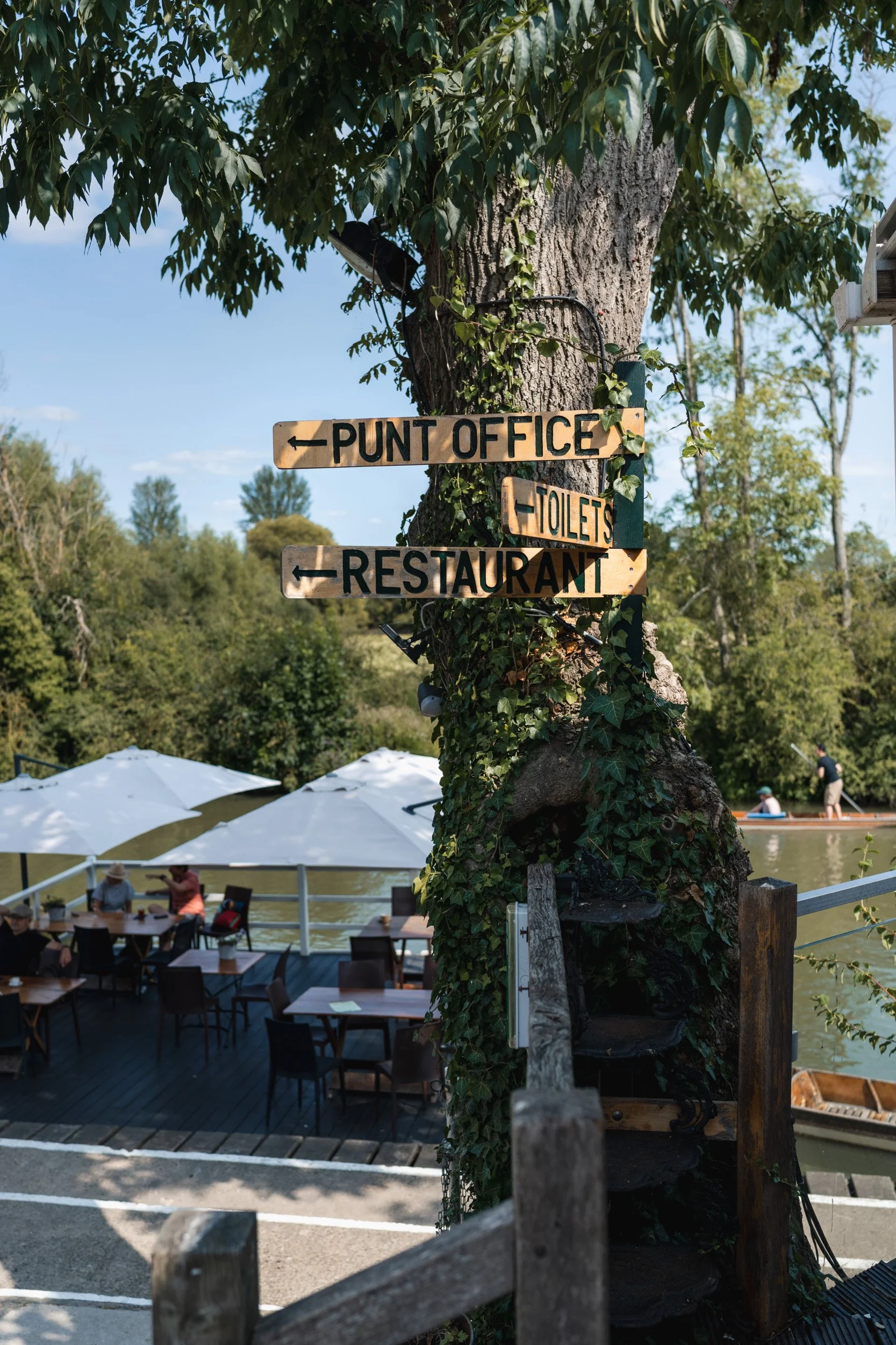 Wooden sign post outside Cherwell Boathouse in Oxford welcoming guest to the wedding reception