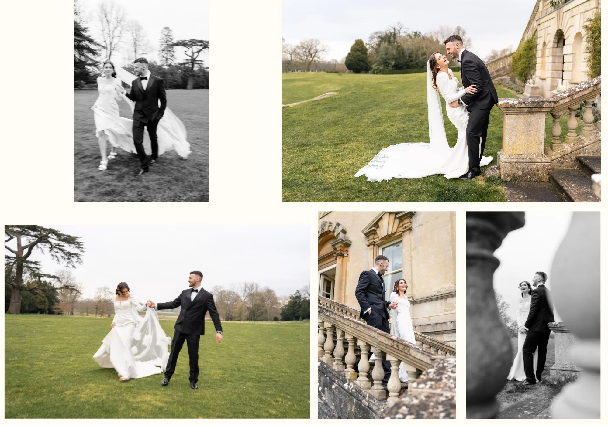 Wedding portraits around the lawns and stone steps in the grounds of Kirtlington Park a wedding venue in Oxforshire
