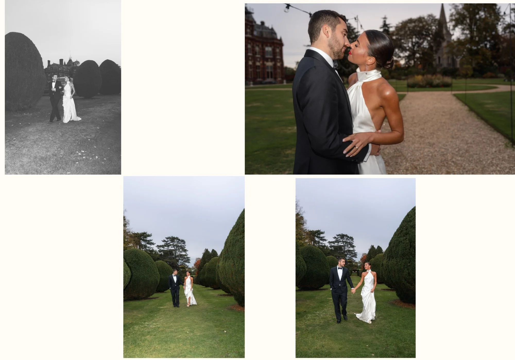 Bride and groom walking through the formal gardens and grounds of the Elvetham in Hampshire. The Bell Tower present in the backdrop of the newly wed kiss