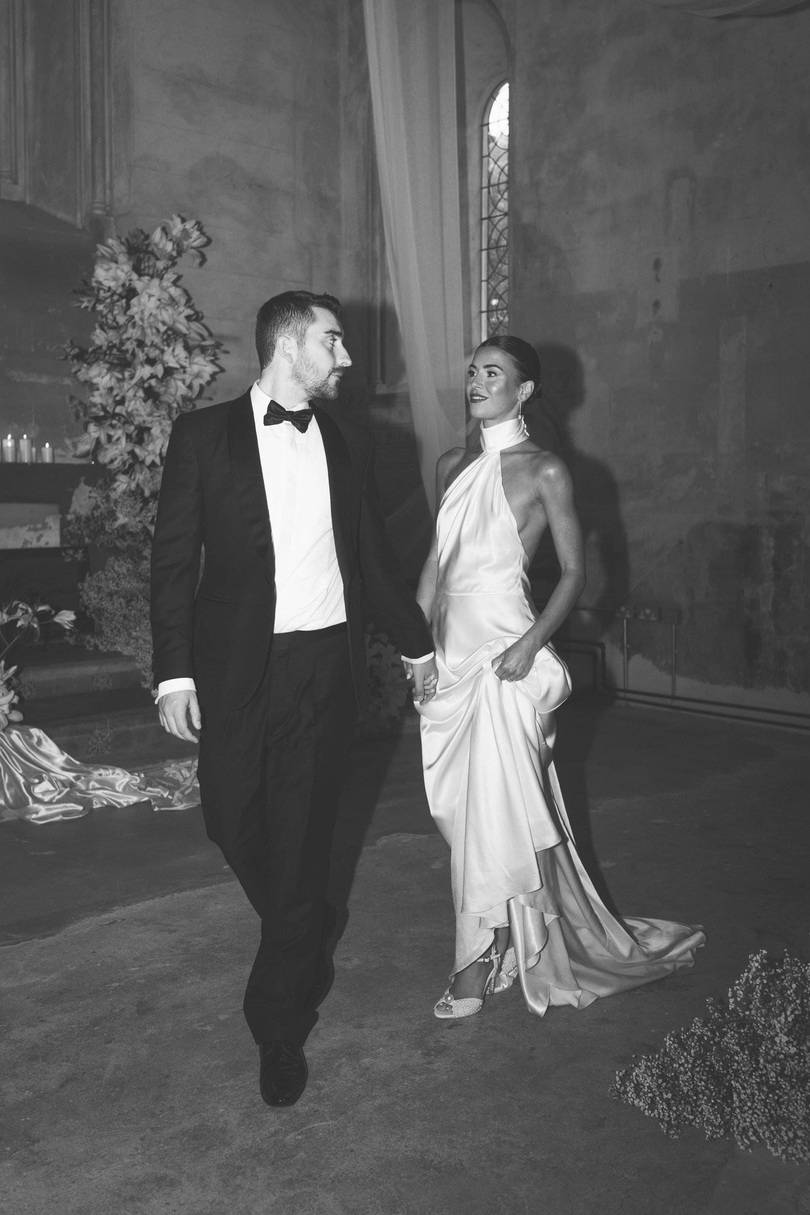 Bride and groom in side The Bell Tower during their reception at The Elvetham Hotel in Hampshire