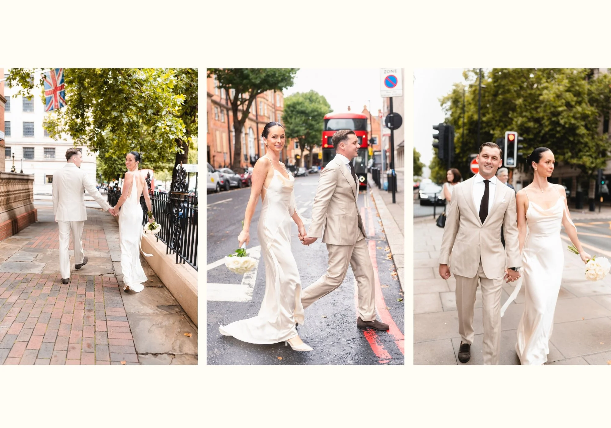 Newlyweds walking hand in hand from The Landmark London to Old Marylebone Town Hall for their intimate London civil wedding ceremony