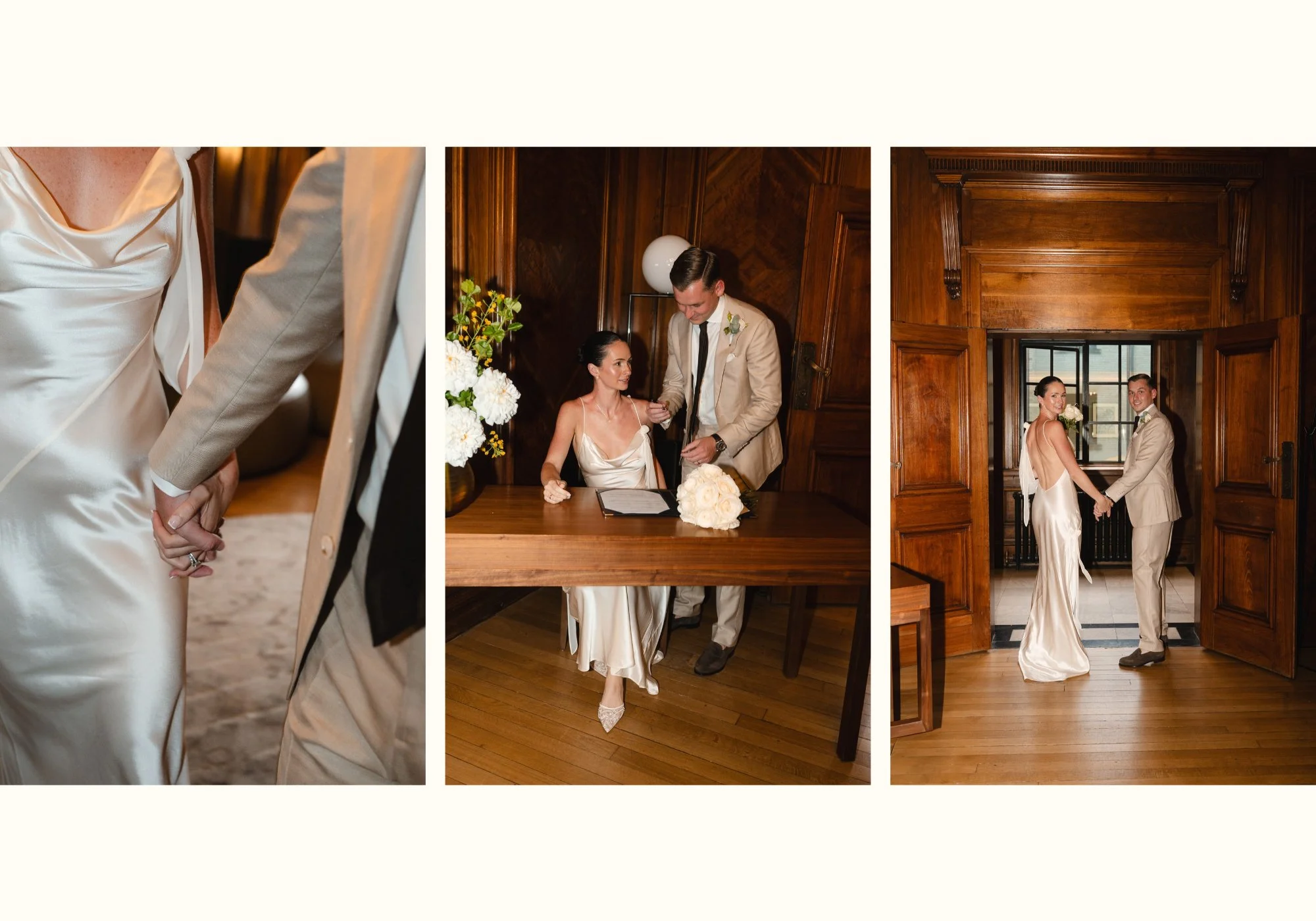 detail photographs of the bride and groom holding hands and signing the register during their wedding ceremony in the Paddington room at Old Marylebone Town Hall