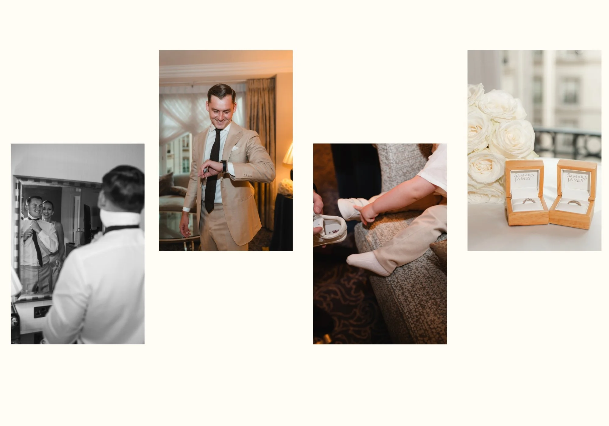 Groom and his little boy getting ready with the bride in a suit at The Landmark London, with their wedding ring and bouquet before their Old Marylebone Town Hall Wedding civil ceremony
