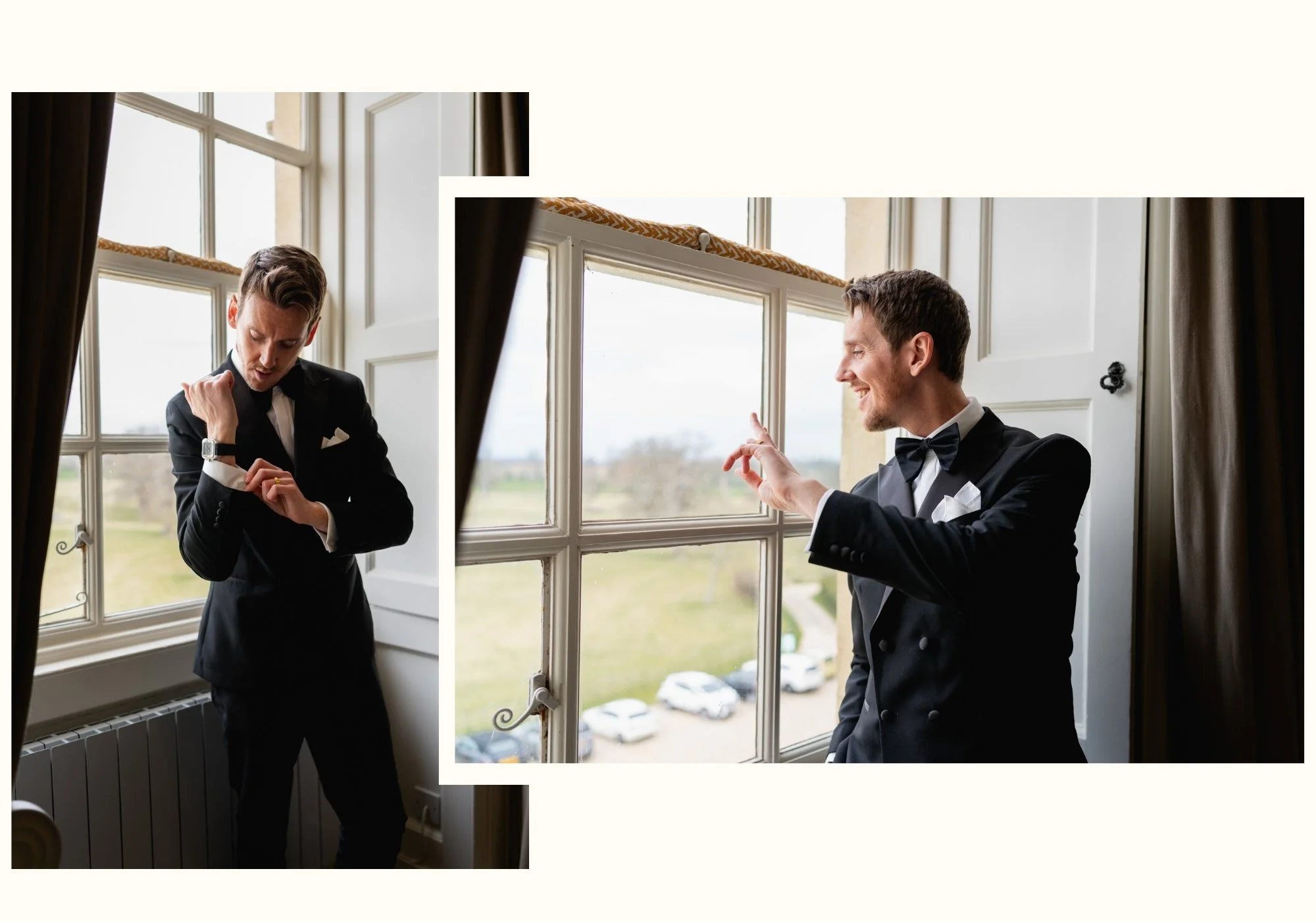 Groom getting ready by a window at Kirtlington Park before his Oxfordshire wedding ceremony