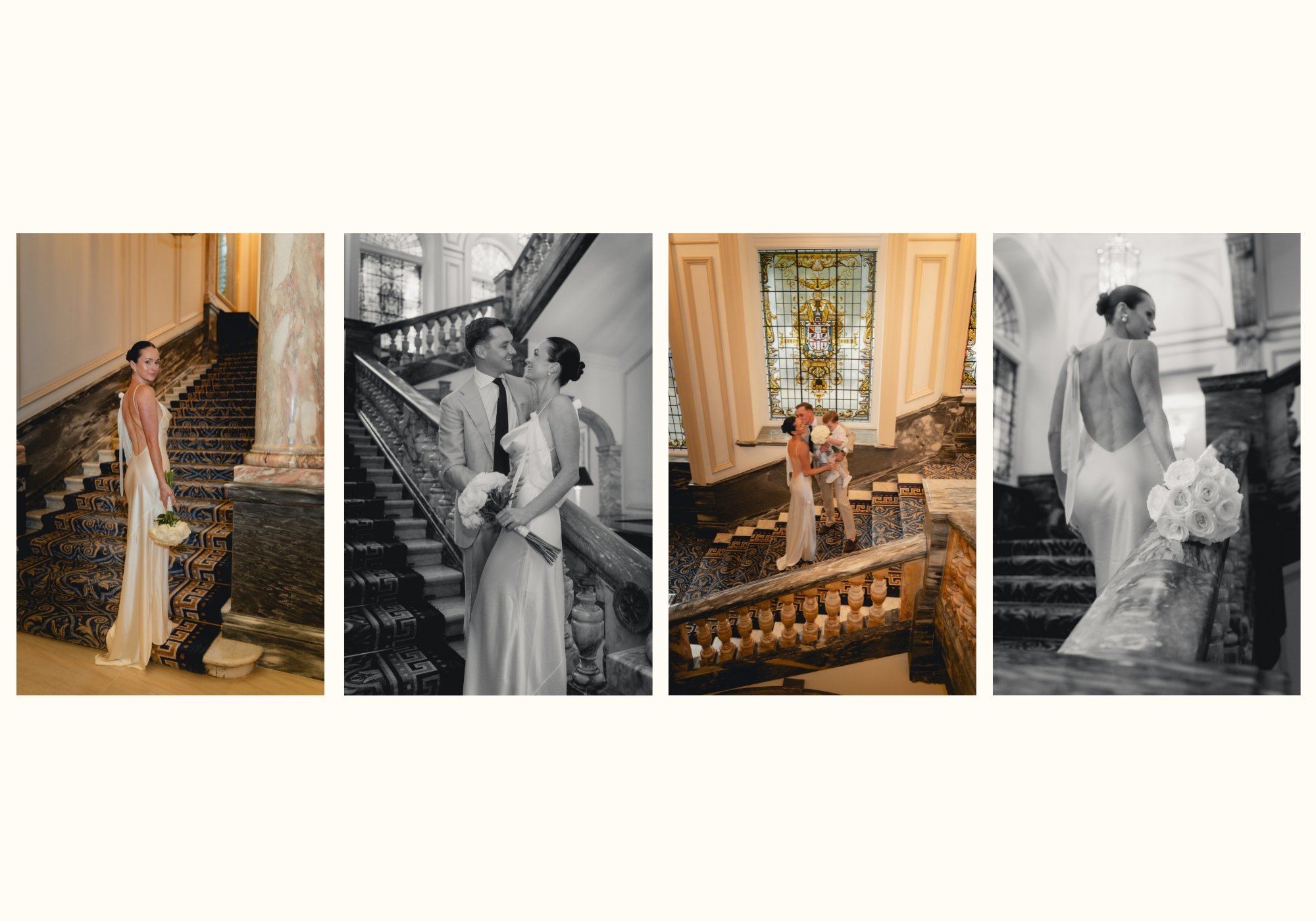 Wedding portraits of the bride and groom on a quiet staircase in side The Landmark London before their Old Marylebone Town Hall Civil Ceremony for their London Micro wedding