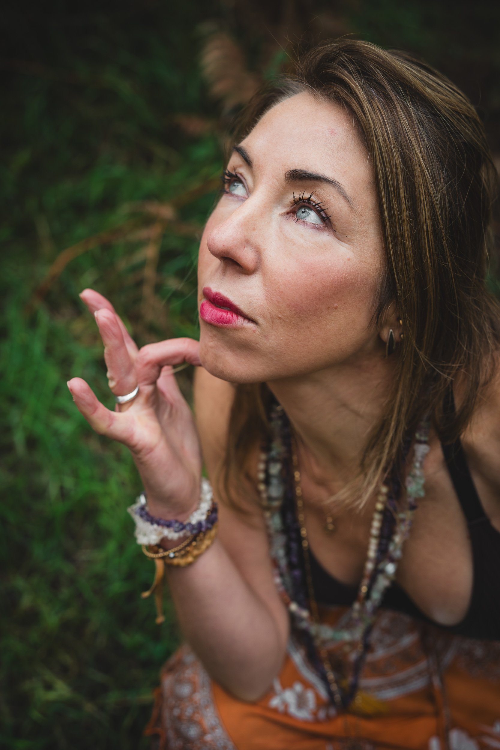 Sound healer portrait during a personal branding shoot in the woodland near Amersham Buckinghamshire