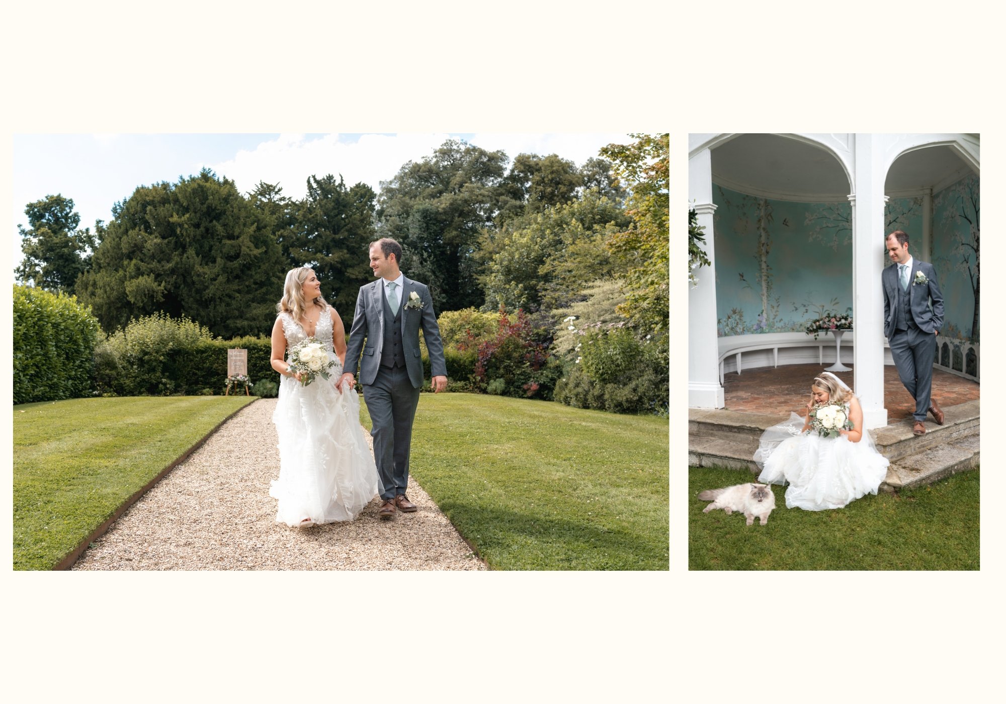 Wedding couple portraits at Wasing Park, walking through the manicured gardens and stopping beside the Victorian Summerhouse with Wasing Weddings resident cat