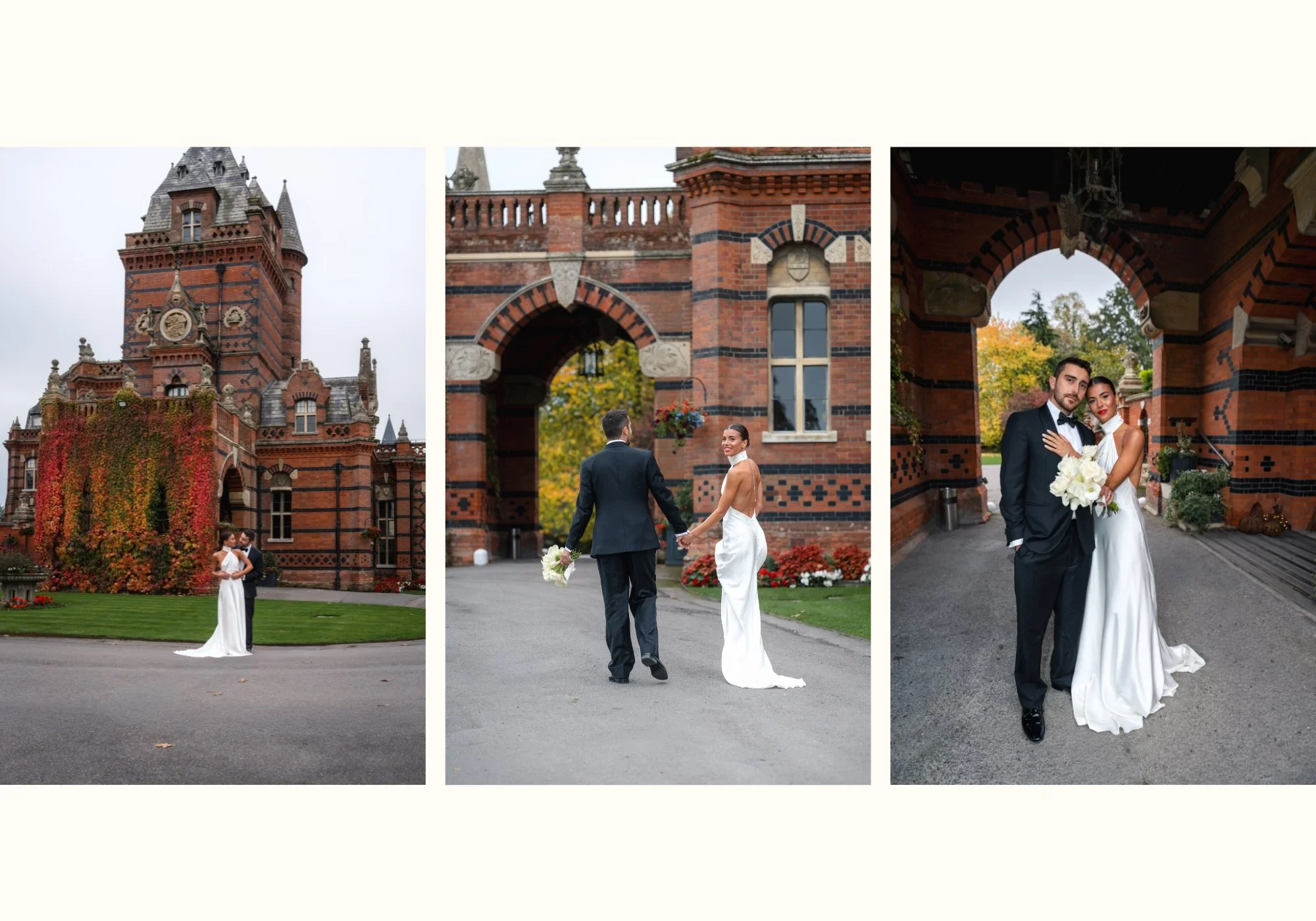 Bride and Groom photographed around the historic red-brick exterior of The Elvetham in Hampshire