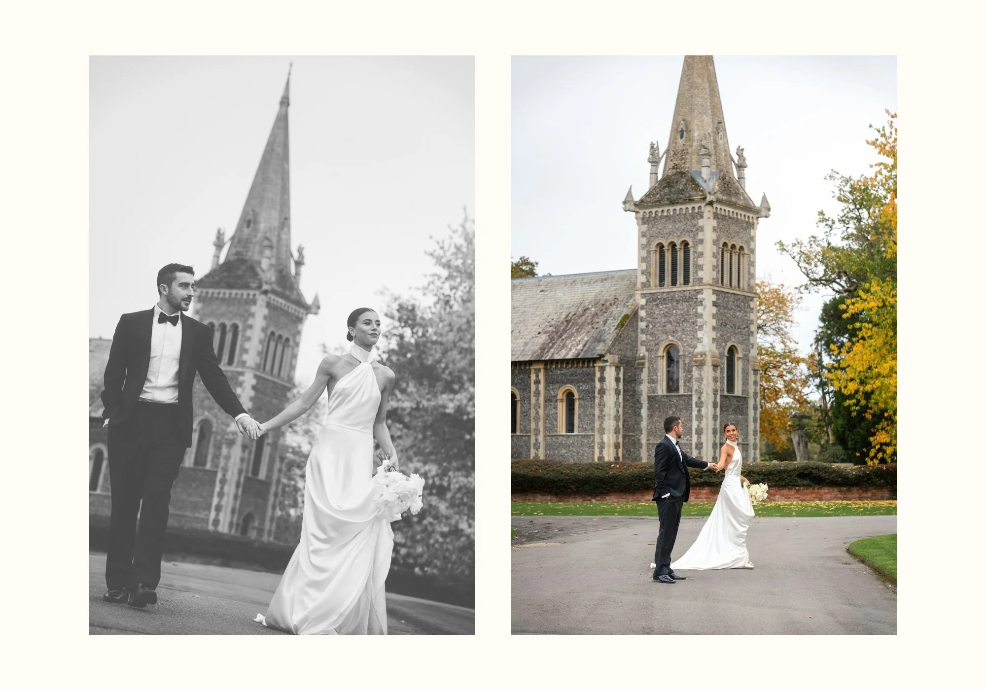 Bride and Groom photographed in front of the bell tower after the wedding ceremony at the Elvetham in Hampshire