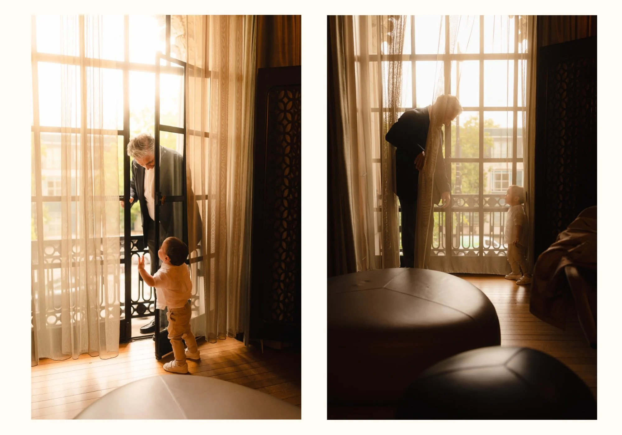 Grandfather with his young grandson by the windows of the Paddington Room at Old Marylebone Town Hall before the wedding ceremony