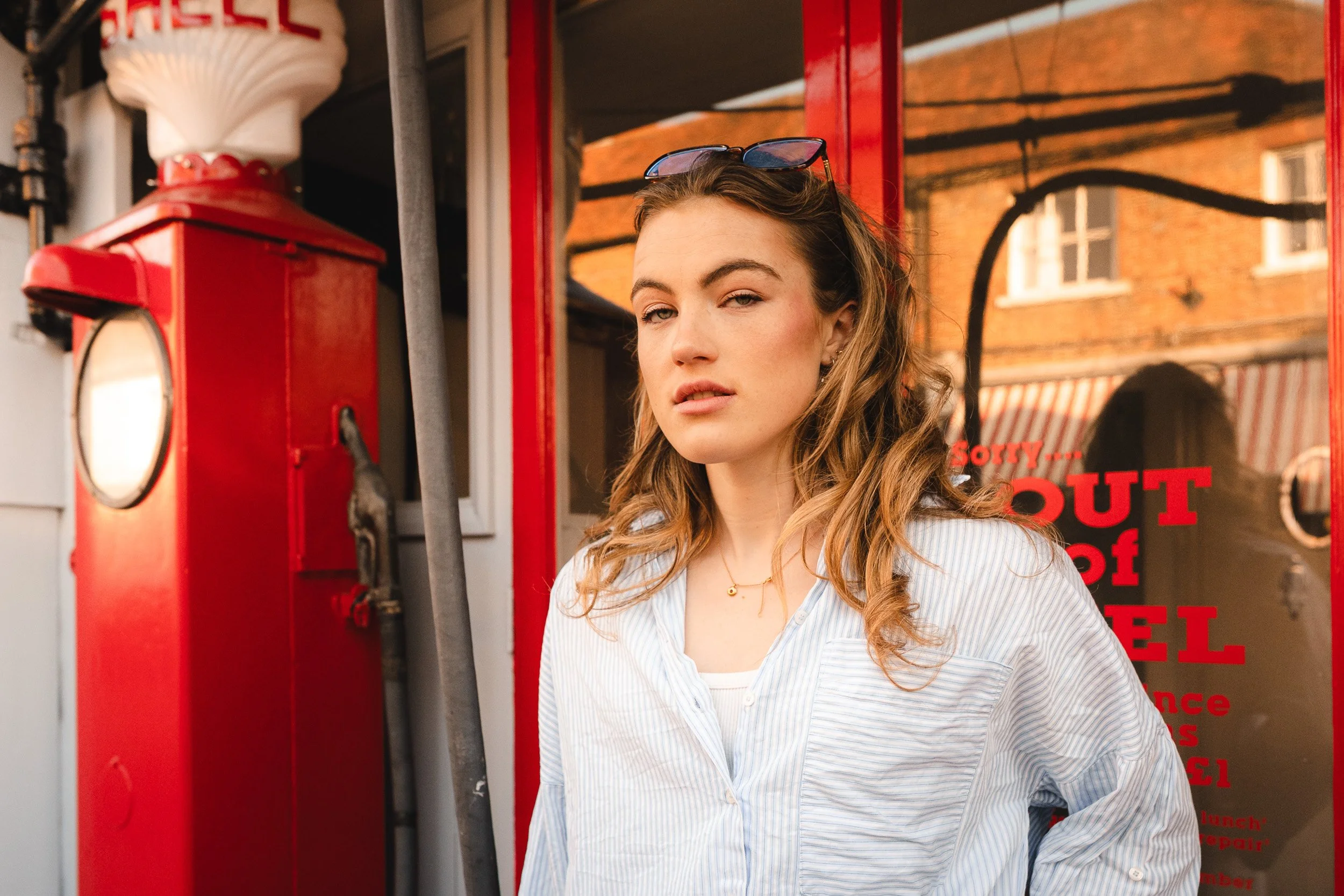 School leaver portrait at a vintage petrol station in Buckinghamshire during golden hour