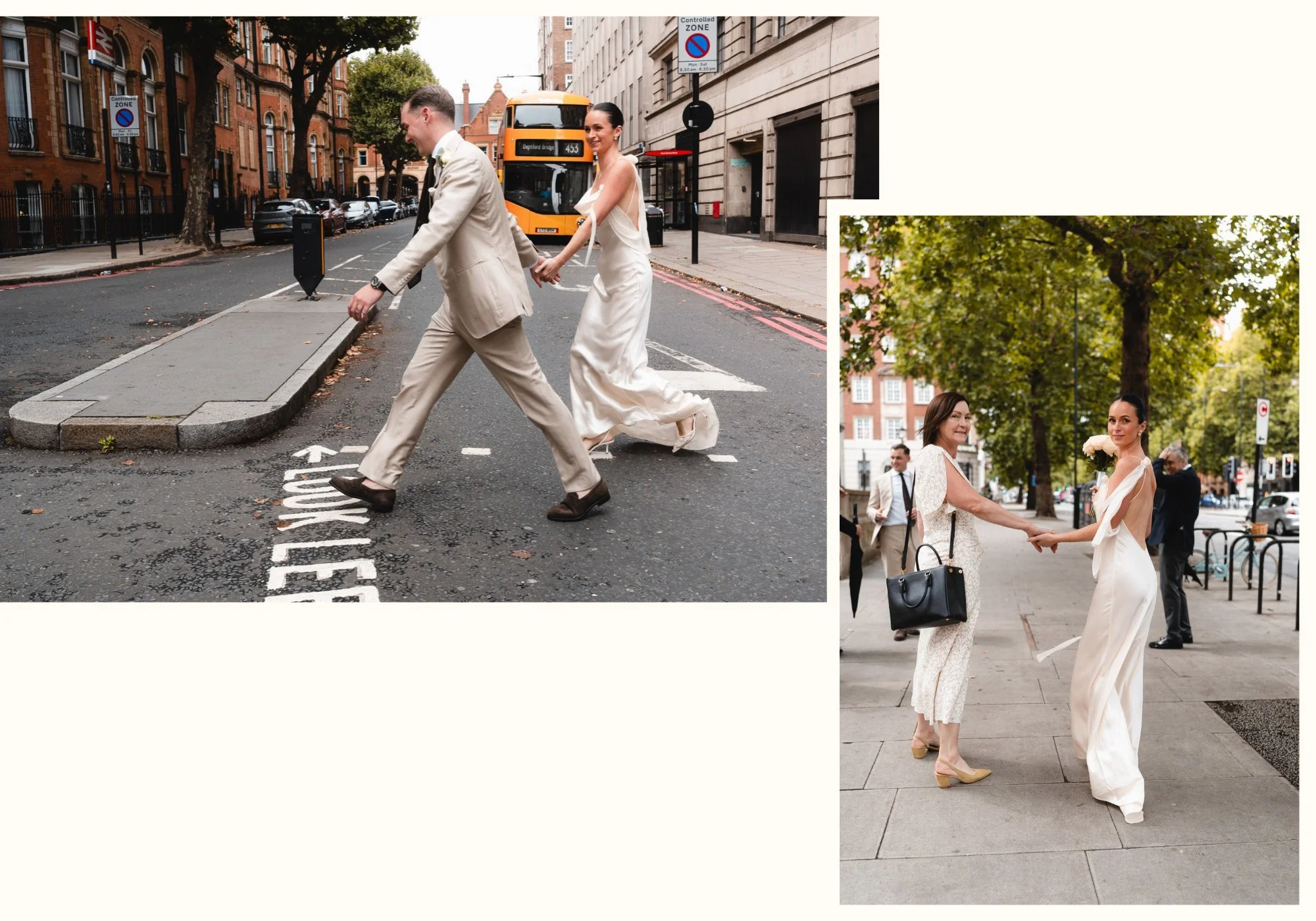 Bride celebrating with her mother after her micro wedding at Old Marylebone Town Hall and the newlyweds heading back to The Landmark London