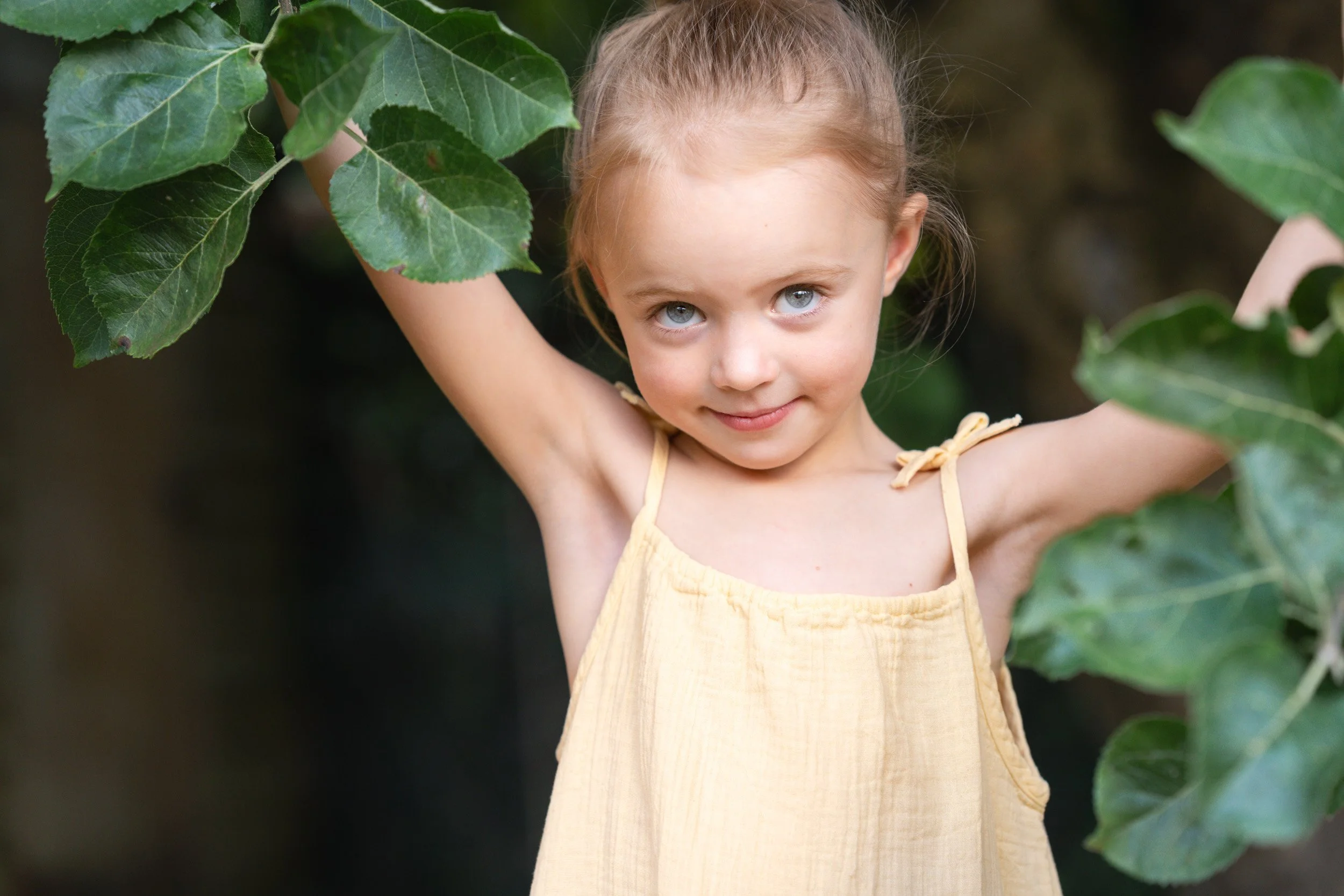A young girl hiding in the leaves of an apple tree during a natural summer family photoshoot  in Amersham, Buckinghamshire