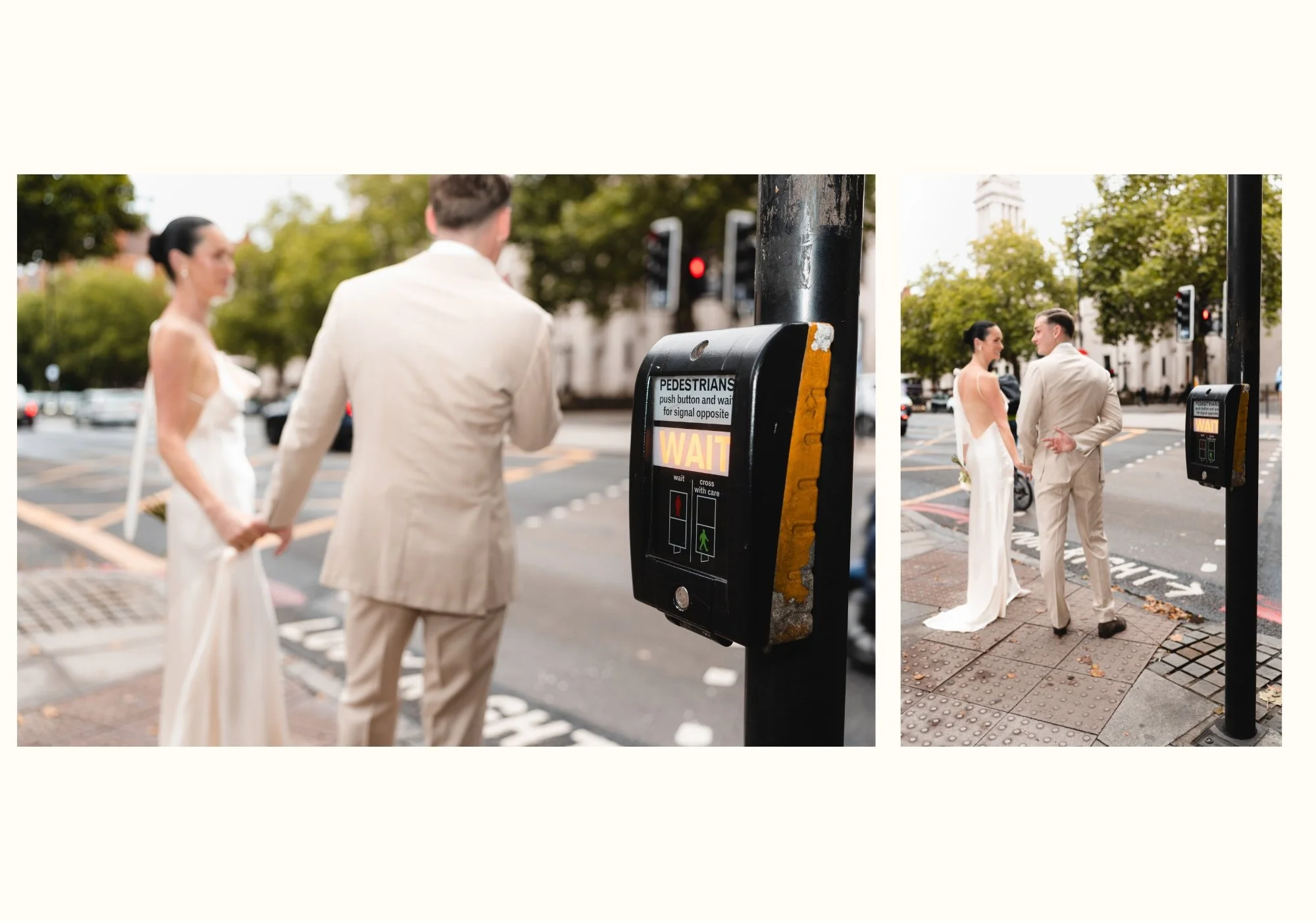 Bride and groom walking through Marylebone and waiting at the stop sign in front of The Old Marylebone Town Hall