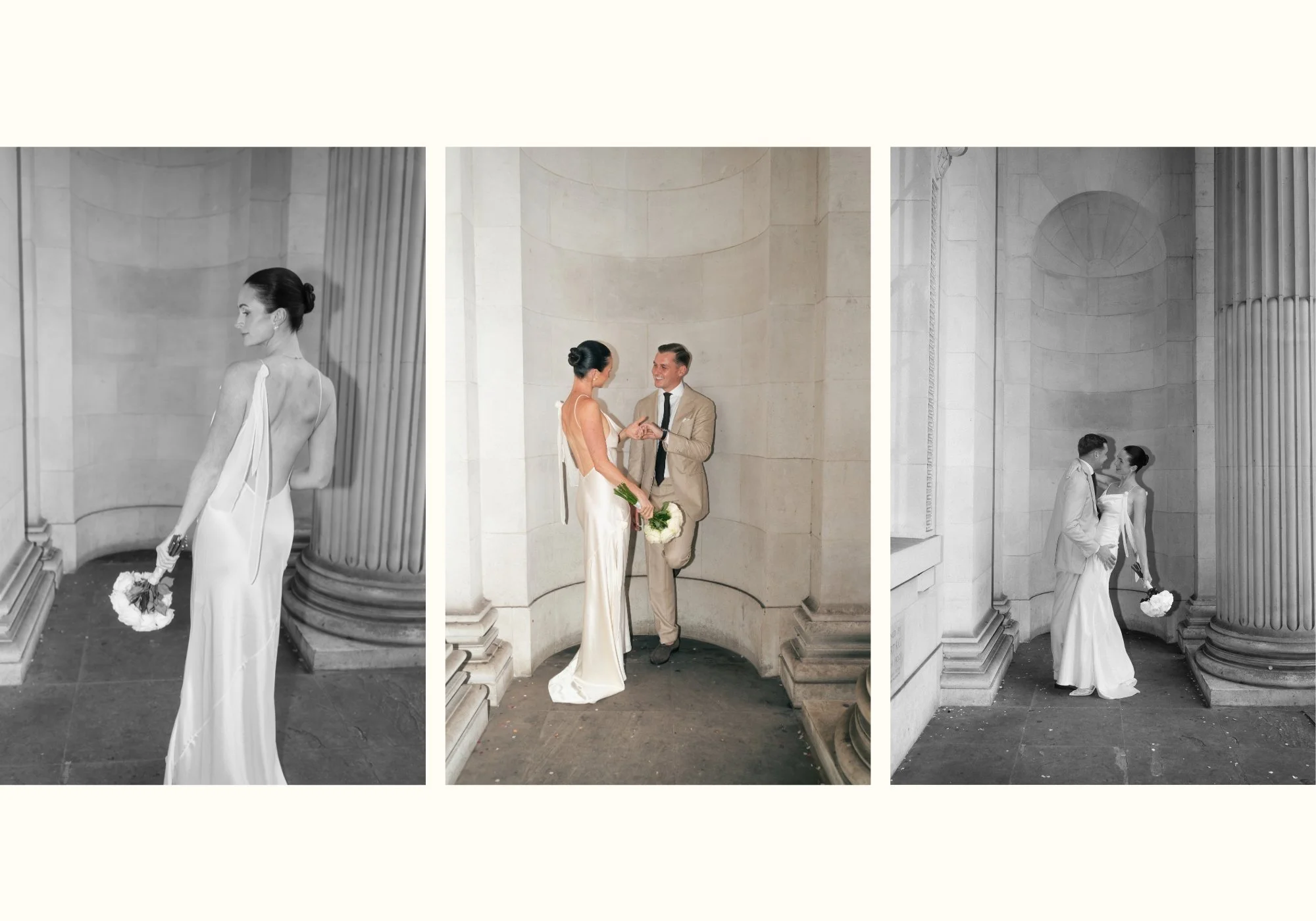 Bride and groom posing beneath the iconic columns of Old Marylebone Town Hall for their editorial wedding photographs