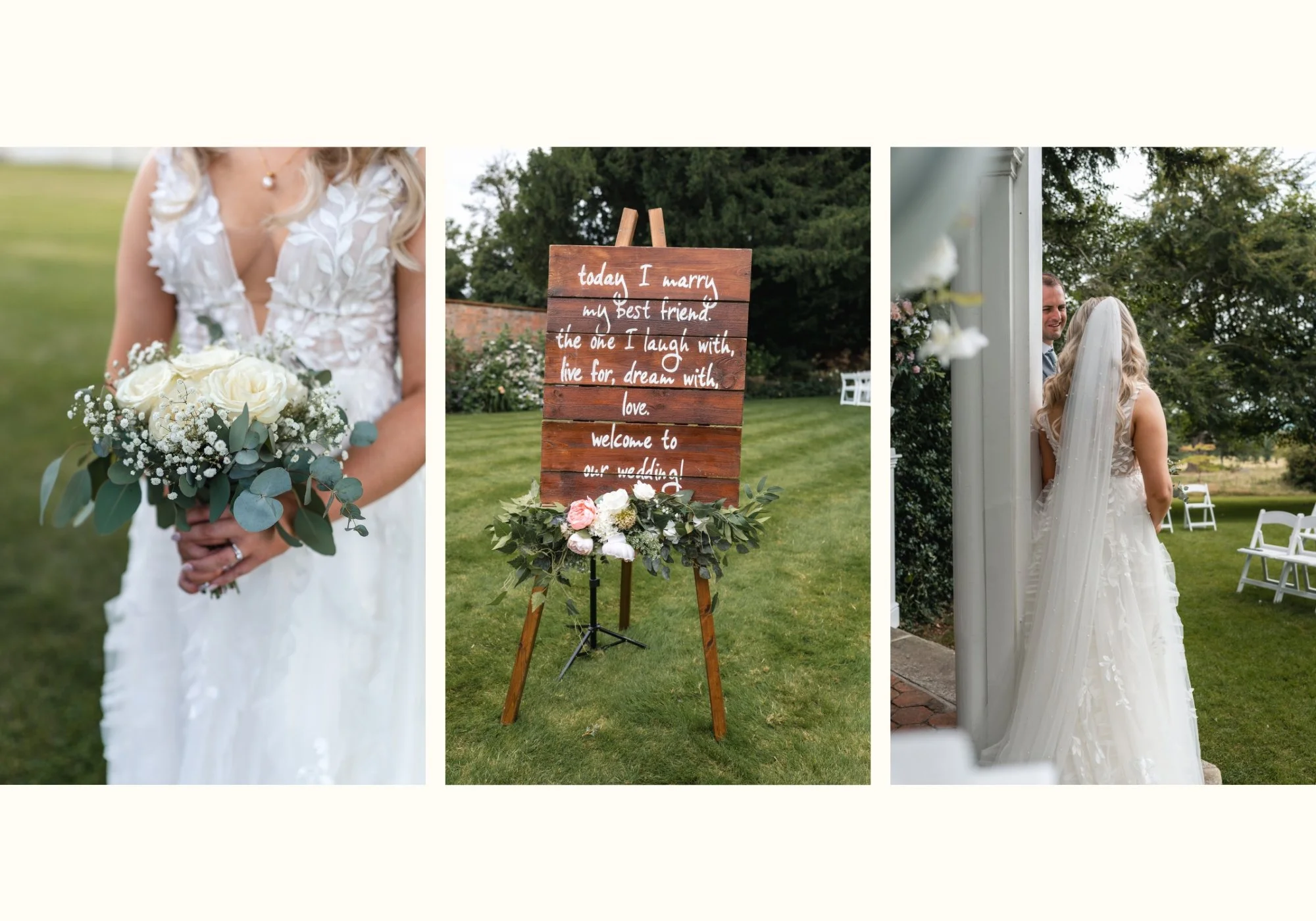 Wedding details at Wasing Park including the bride's bouquet, ceremony sigh and the bride and groom during the outdoor ceremony at the Victorian Summerhouse