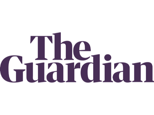 Logo of The Guardian newspaper in purple text on a black background.
