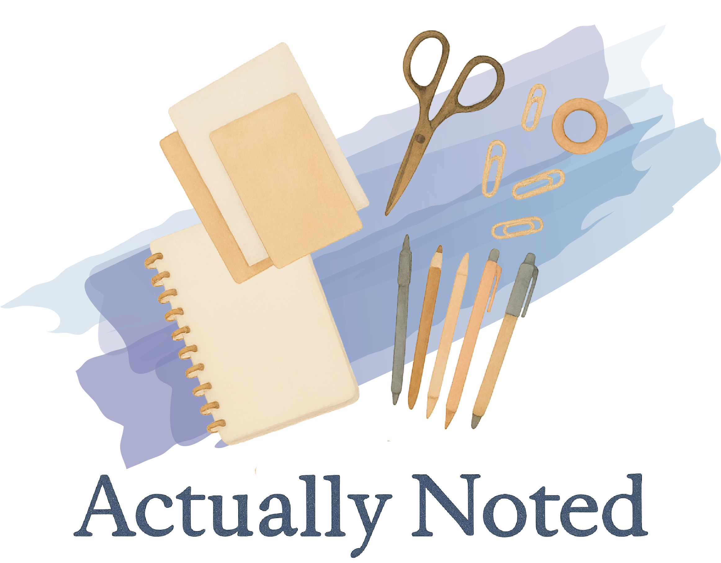Corporate logo - Illustration of notebooks, scissors, paper clips, pencils, and a pen on blue paper with “ActuallyNoted” text