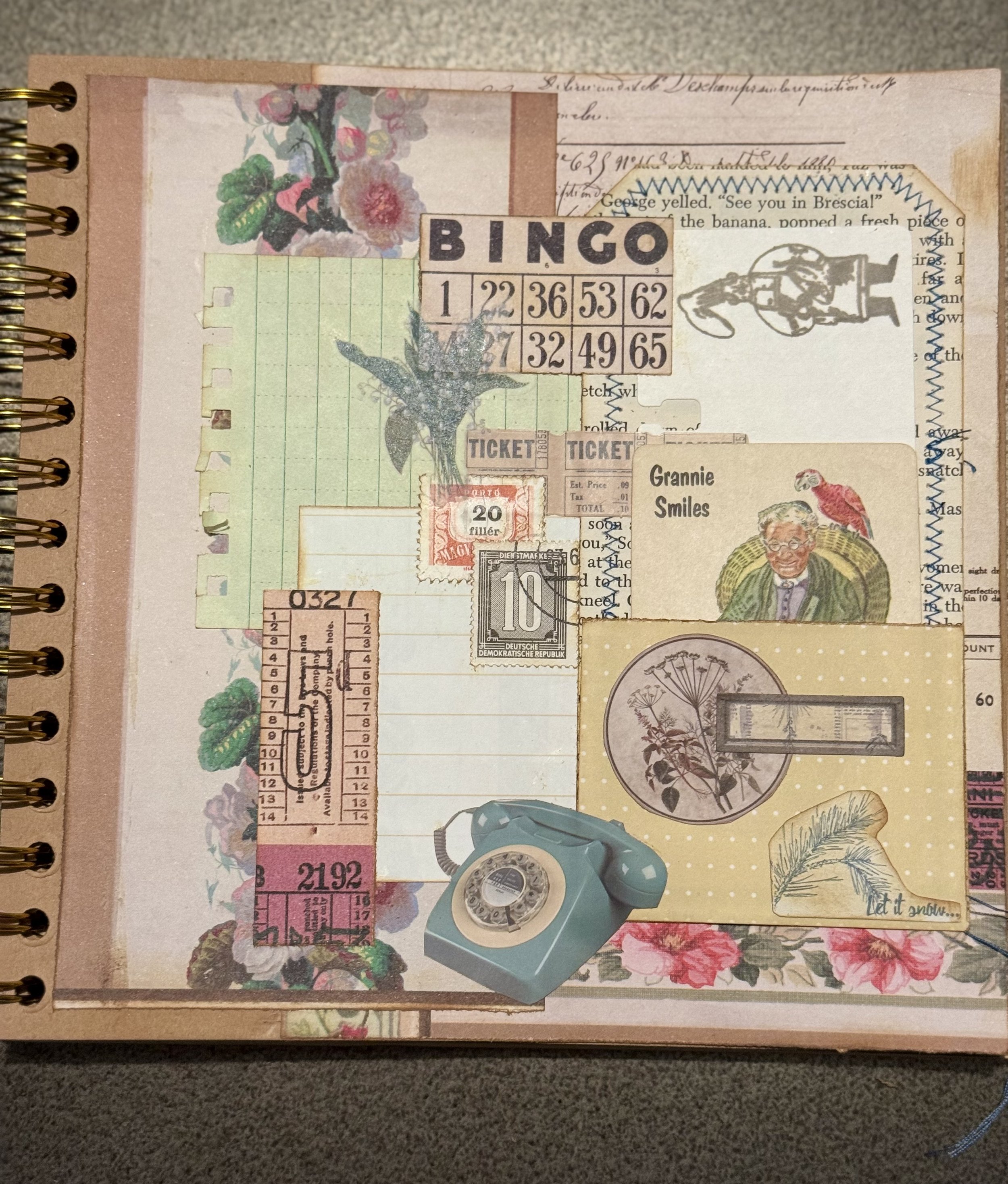 Vintage collage scrapbook page featuring a bingo card, stamps, tickets, handwritten notes, floral illustrations, a blue rotary telephone, and a “Grannie Smiles” card.