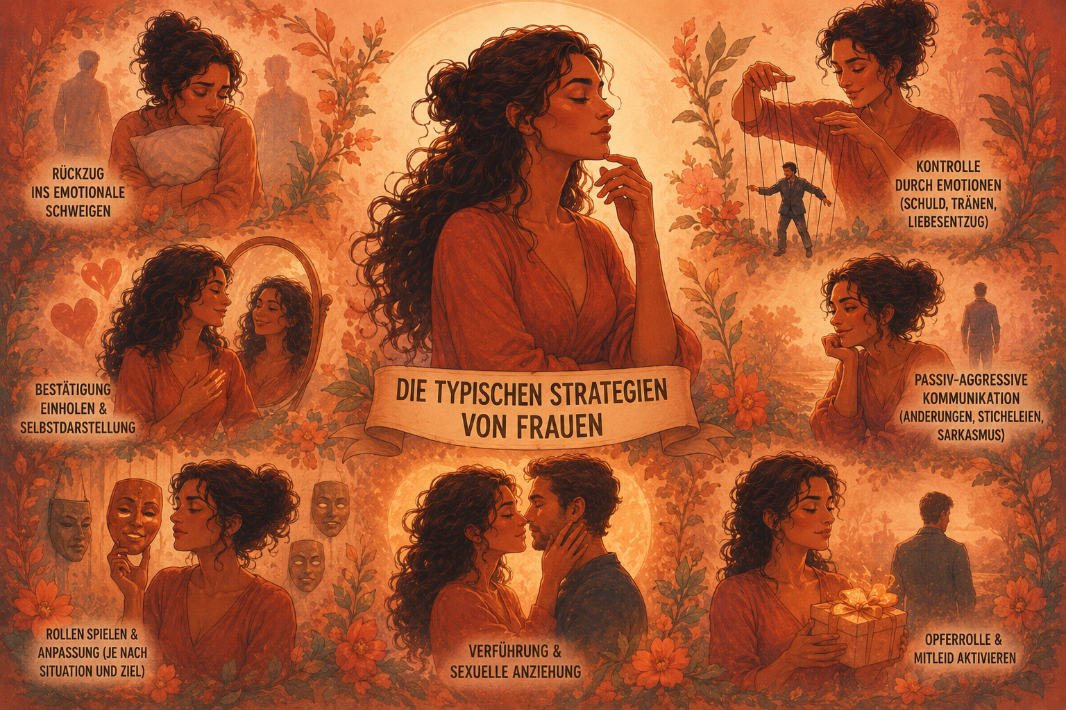 Typische Strategien von Frauen in Beziehungen – emotionale Schutzmechanismen, Bindungsmuster, Anpassungsverhalten und unbewusste Kommunikationsstrategien.