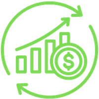 Grafik mit steigender Kurve, Bar-Charts und einer Dollar-Münze, die Wachstum und finanziellen Erfolg symbolisieren.