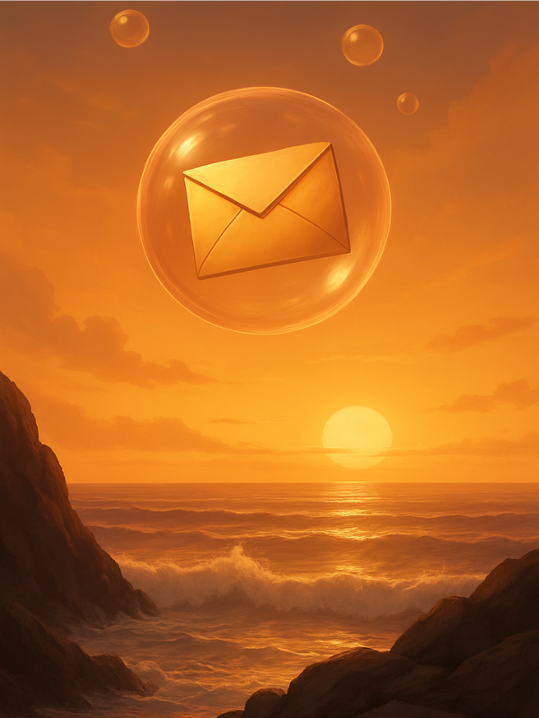 Ein Sonnenuntergang über dem Meer mit einem großen Blasensymbol und einem Briefumschlag darin, umgeben von kleineren Blasen.
