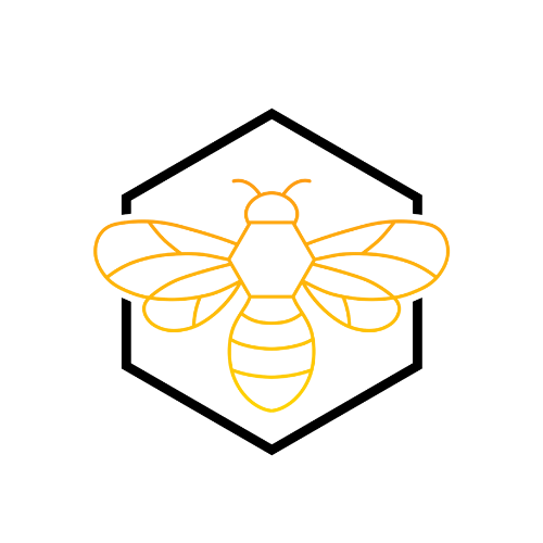 Outlined illustration of a bee inside a hexagon.