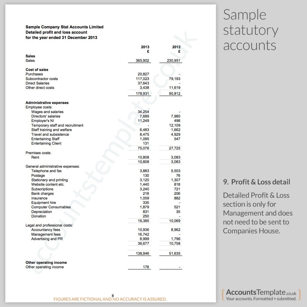 Sample company stat accounts limited detailed profit and loss account for the year ending December 31, 2013, showing sales, costs, administrative expenses, premises costs, general administrative expenses, legal costs, other operating income, and comparative figures for 2012.