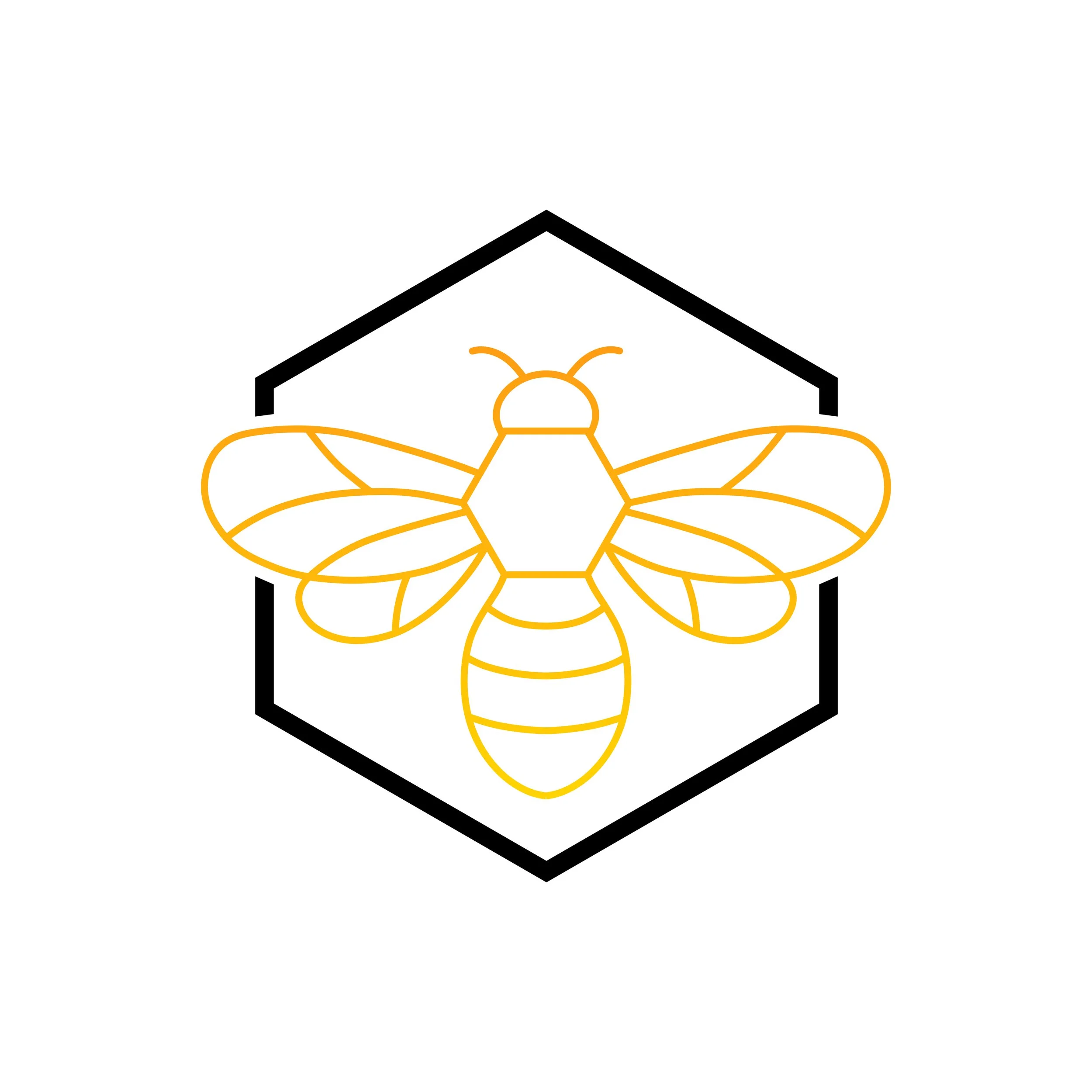 A black outline of a house with a gabled roof, filled with an orange sketch of a bee with wings, tail, and antennae, all enclosed in a black hexagon outline.