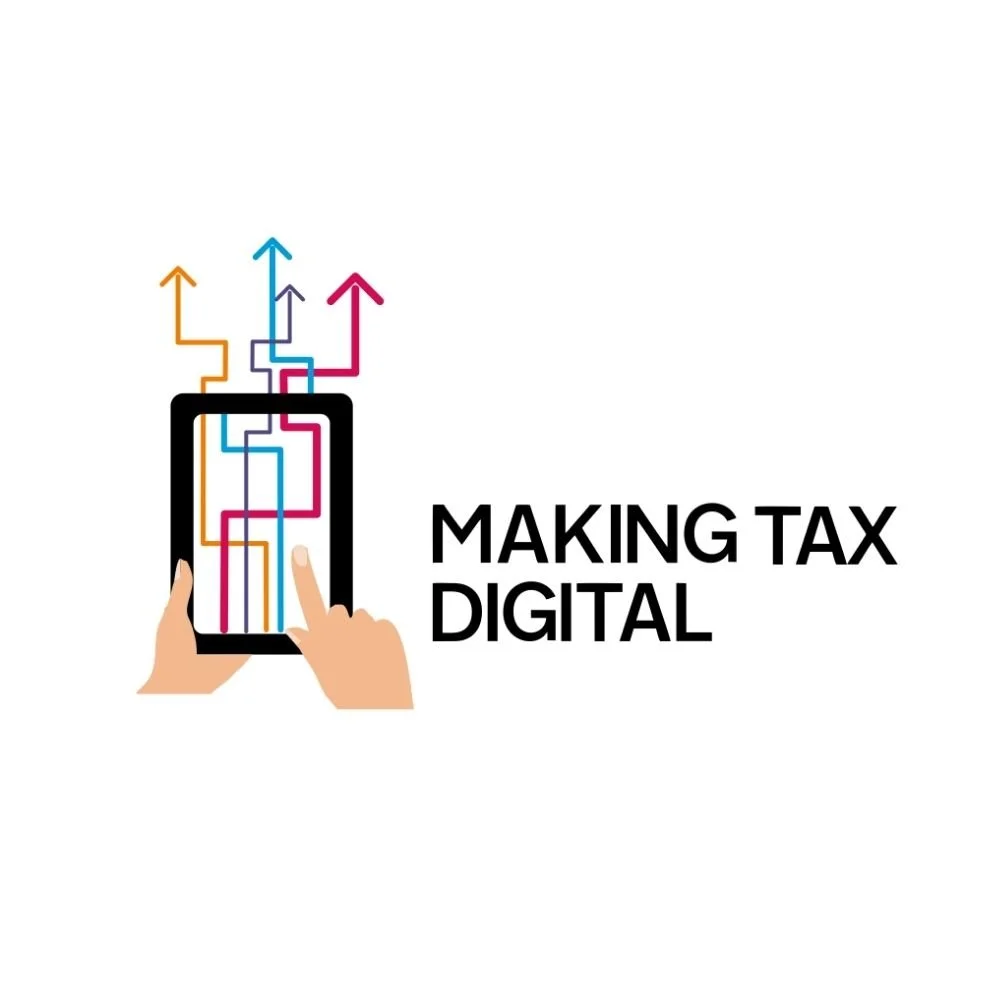 Illustration of hands holding a smartphone with colorful lines and arrows coming out of the screen, next to text that says 'Making Tax Digital'.