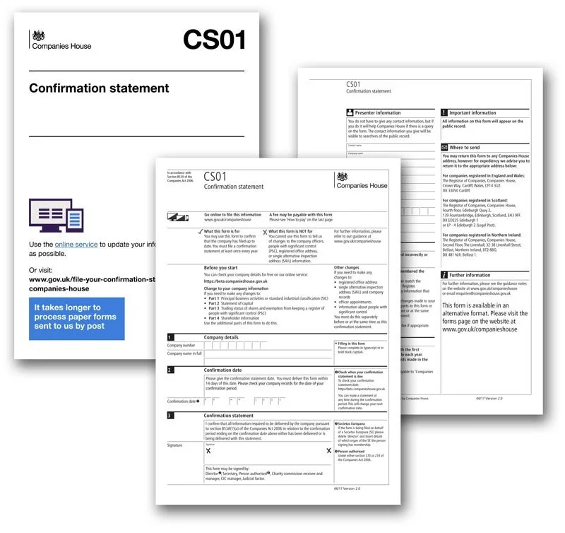 Multiple pages of a confirmation statement form from Companies House, including instructions, company details section, confirmation date, and signature area.