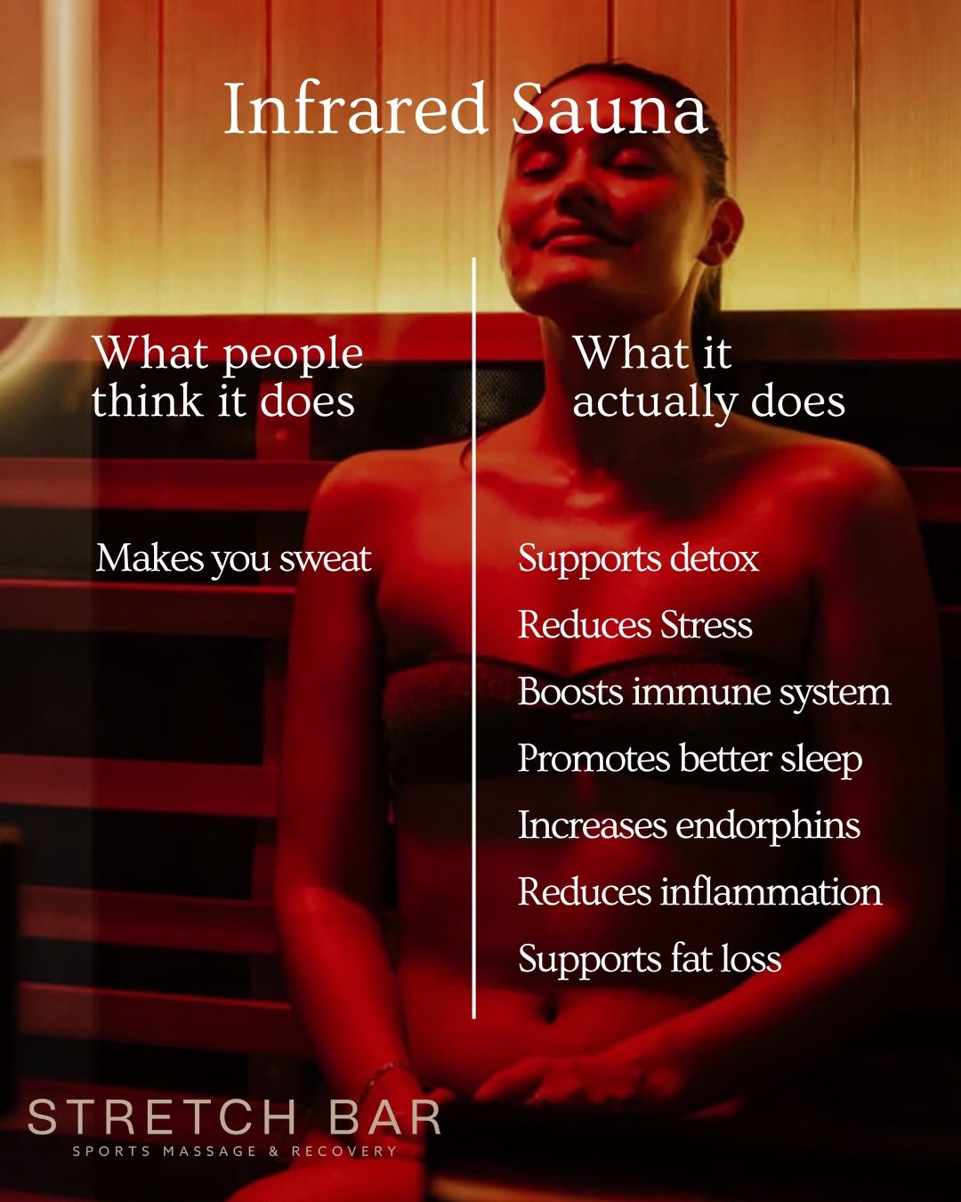 Most people think an infrared sauna is just about getting hot...

But there's so much more to it. 👇

🔥 Supports your body's natural recovery
😌 Helps reduce stress and encourages relaxation
💪 Can help reduce inflammation after training
🛌 Promotes