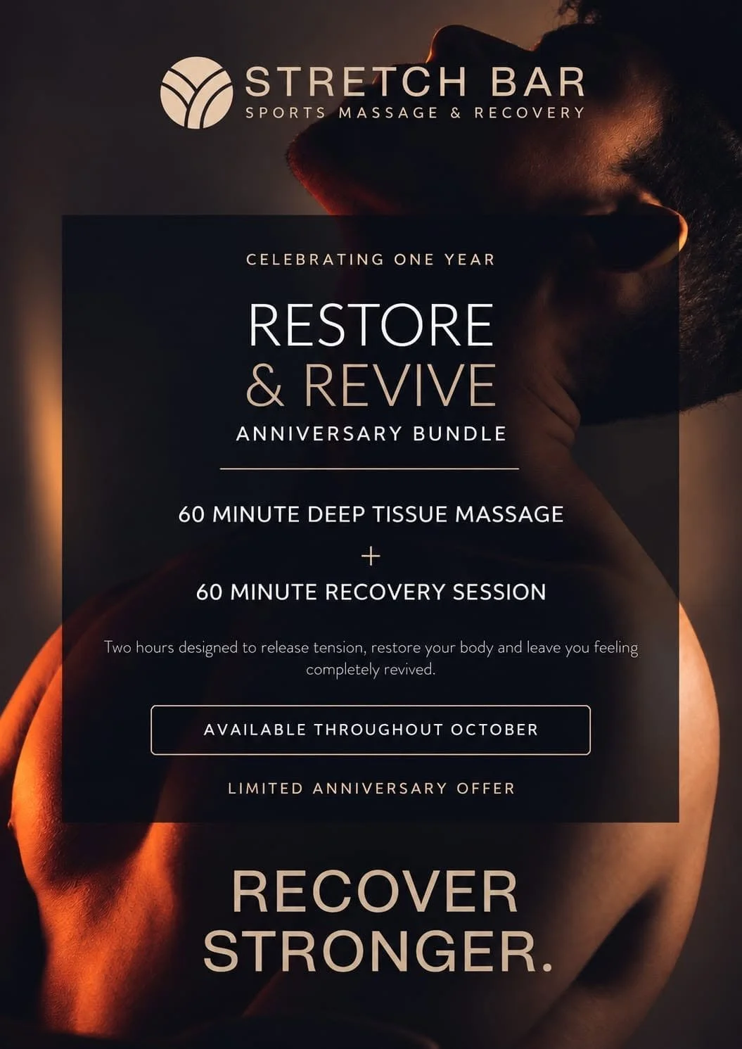Our birthday month is officially underway 🥂

And if you missed it, we're celebrating ONE YEAR of Stretch Bar with our limited Restore &amp; Revive Anniversary Bundle.

💆 60-minute Deep Tissue Massage
+
🔥❄️ 60-minute Recovery Suite session

Two hou