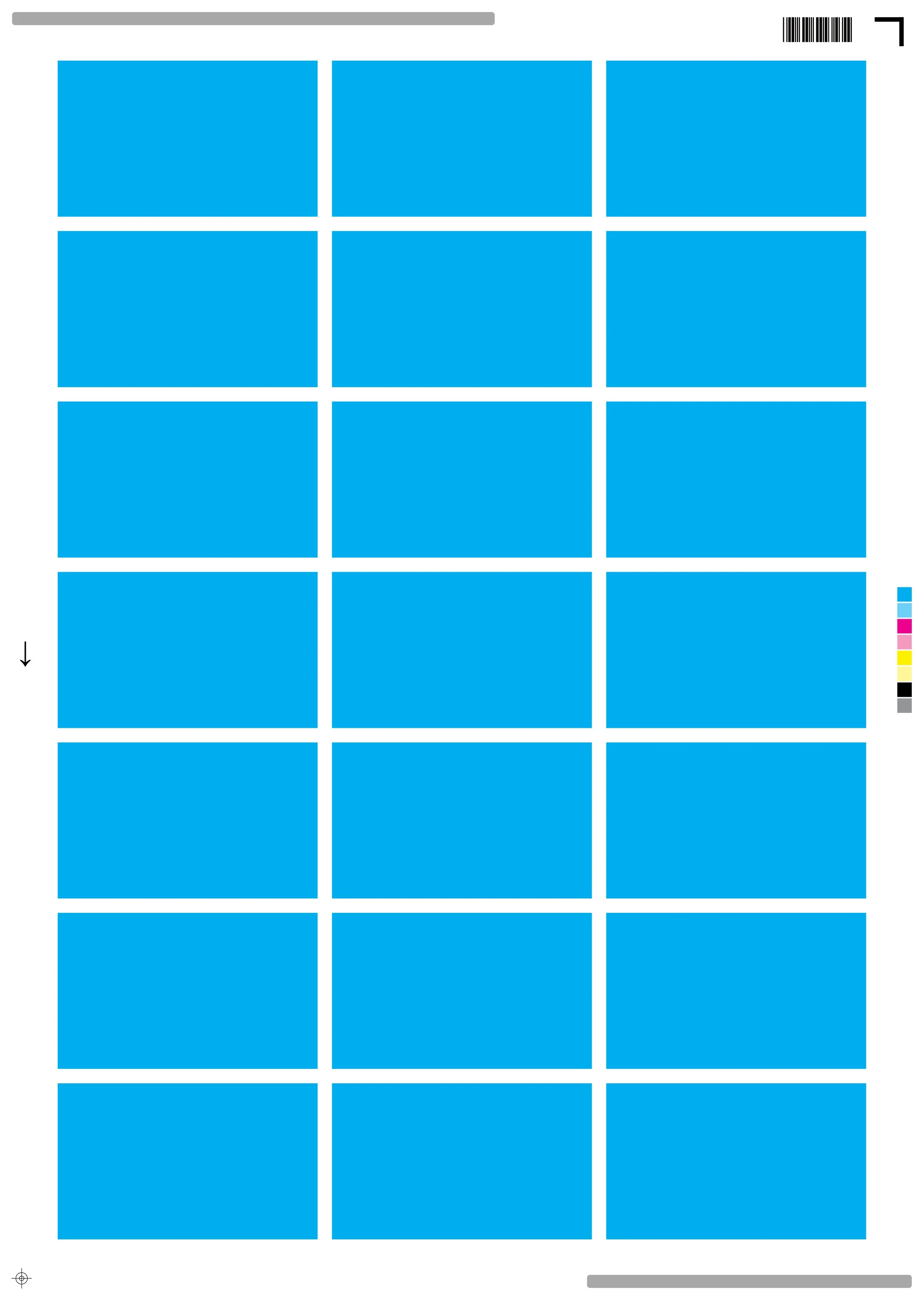 A barcode scanner sheet with 20 blue squares arranged in a 4x5 grid, a black barcode at the top right corner, and a color palette on the right side.