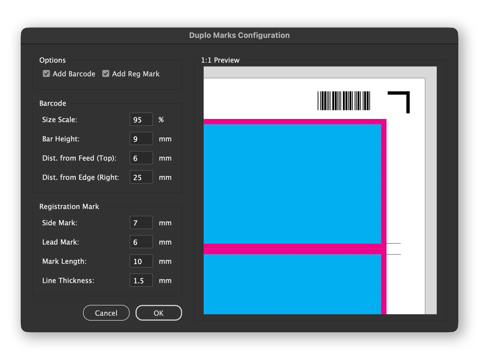 A barcode label design software interface showing options for barcode size, height, and positions, with a preview of a barcode and registration marks on the right.