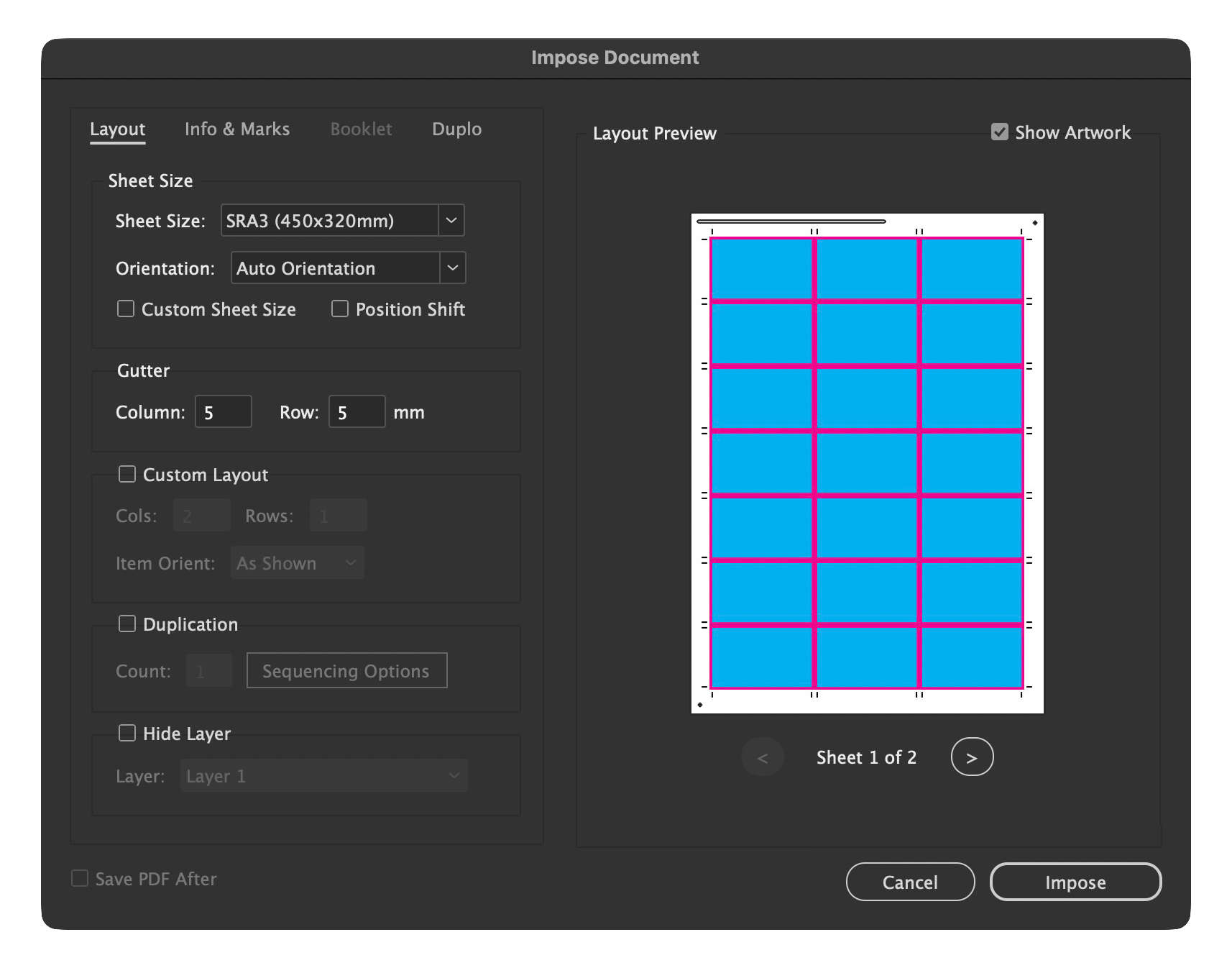 Screenshot of a computer window titled 'Impose Document,' showing layout settings for a sheet with a grid of blue squares outlined in pink, indicating a print or design template.