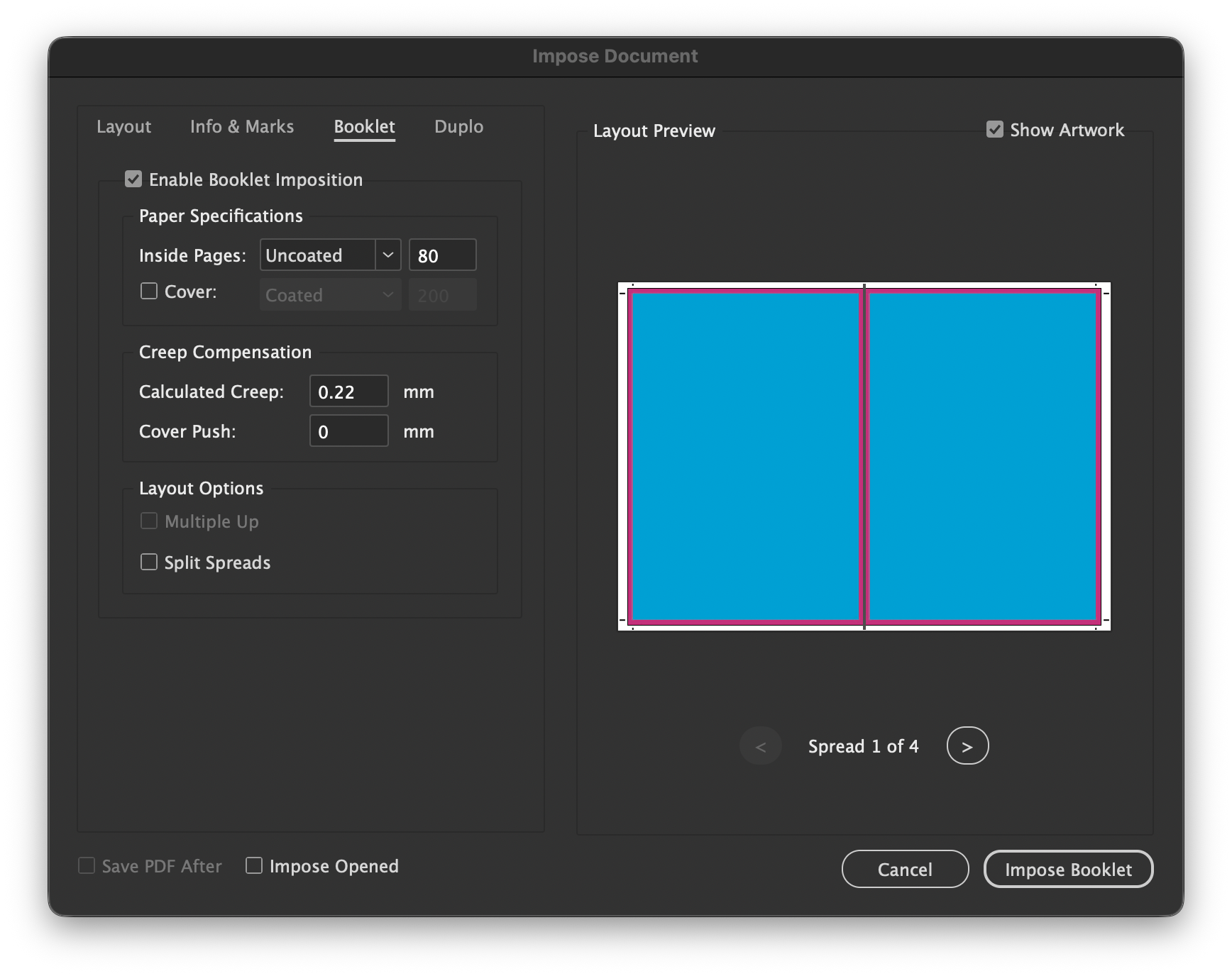 Screenshot of a print layout software showing options for creating a booklet with two blue pages side by side, pink border outlines, and navigation controls for spreads.