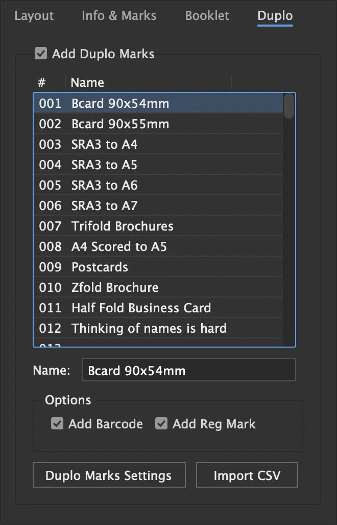 Screenshot of a software interface with a list of document types for creating duplex prints, including labels such as 'Bcard 90x54mm,' 'Bcard 90x55mm,' 'SRA3 to A4,' and others, with options to add barcode and registration mark and buttons labeled 'Duplo Marks Settings' and 'Import CSV.'