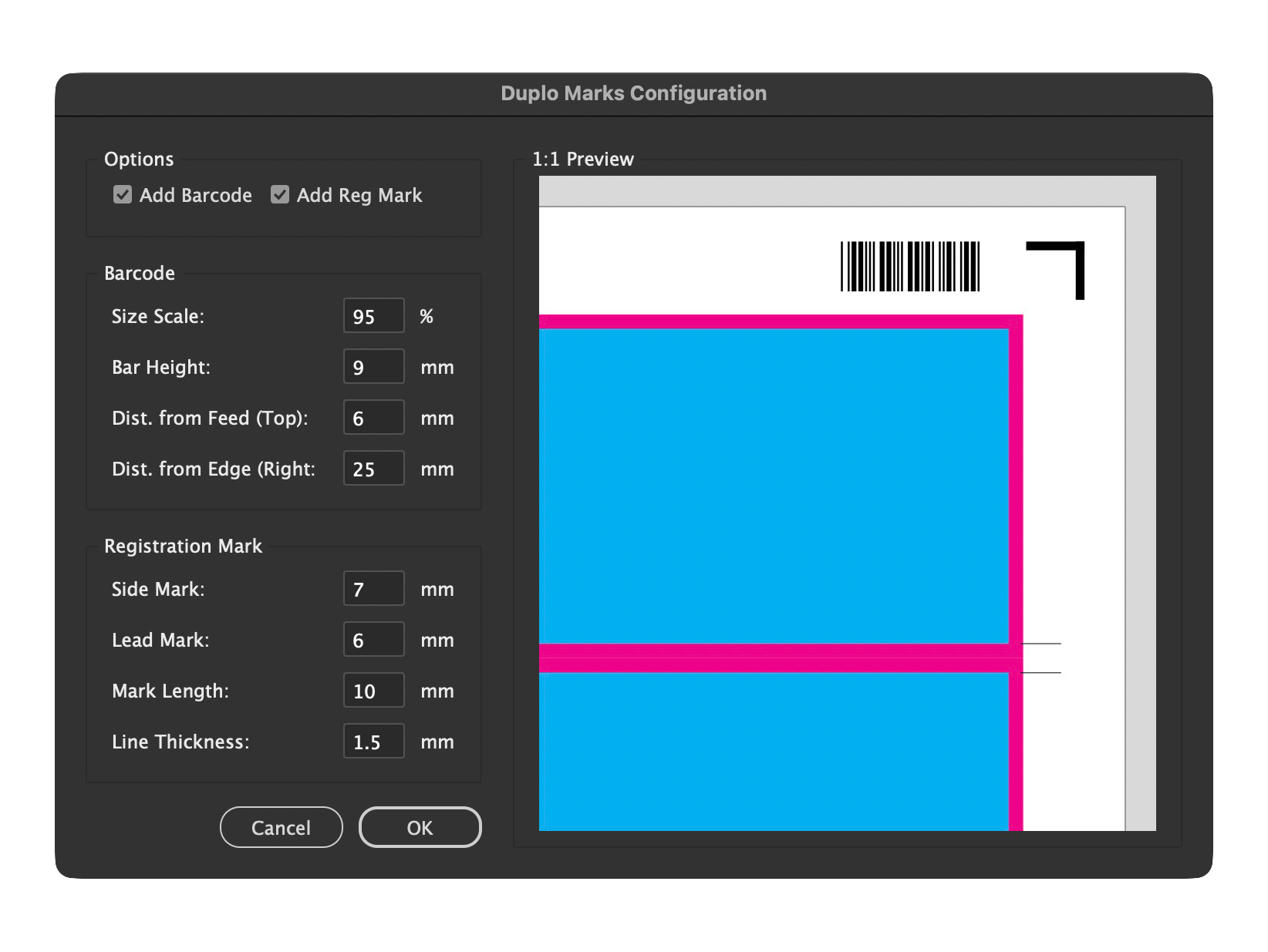 A software interface for configuring Duplo Marks, showing options for barcode and registration mark addition, a preview with a barcode in the top right corner, and settings for barcode size, bar height, and distance from feed and edge.