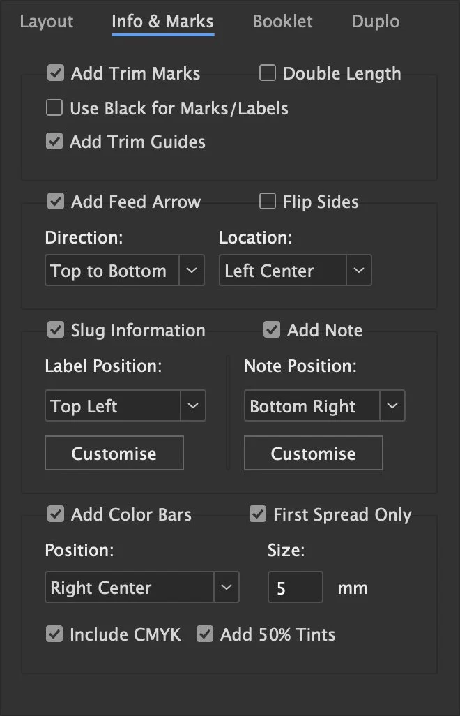 Screenshot of a software interface with options for layout, info and marks, booklet, and duplo settings, including checkboxes, dropdown menus, and input fields for customizing print or label settings.