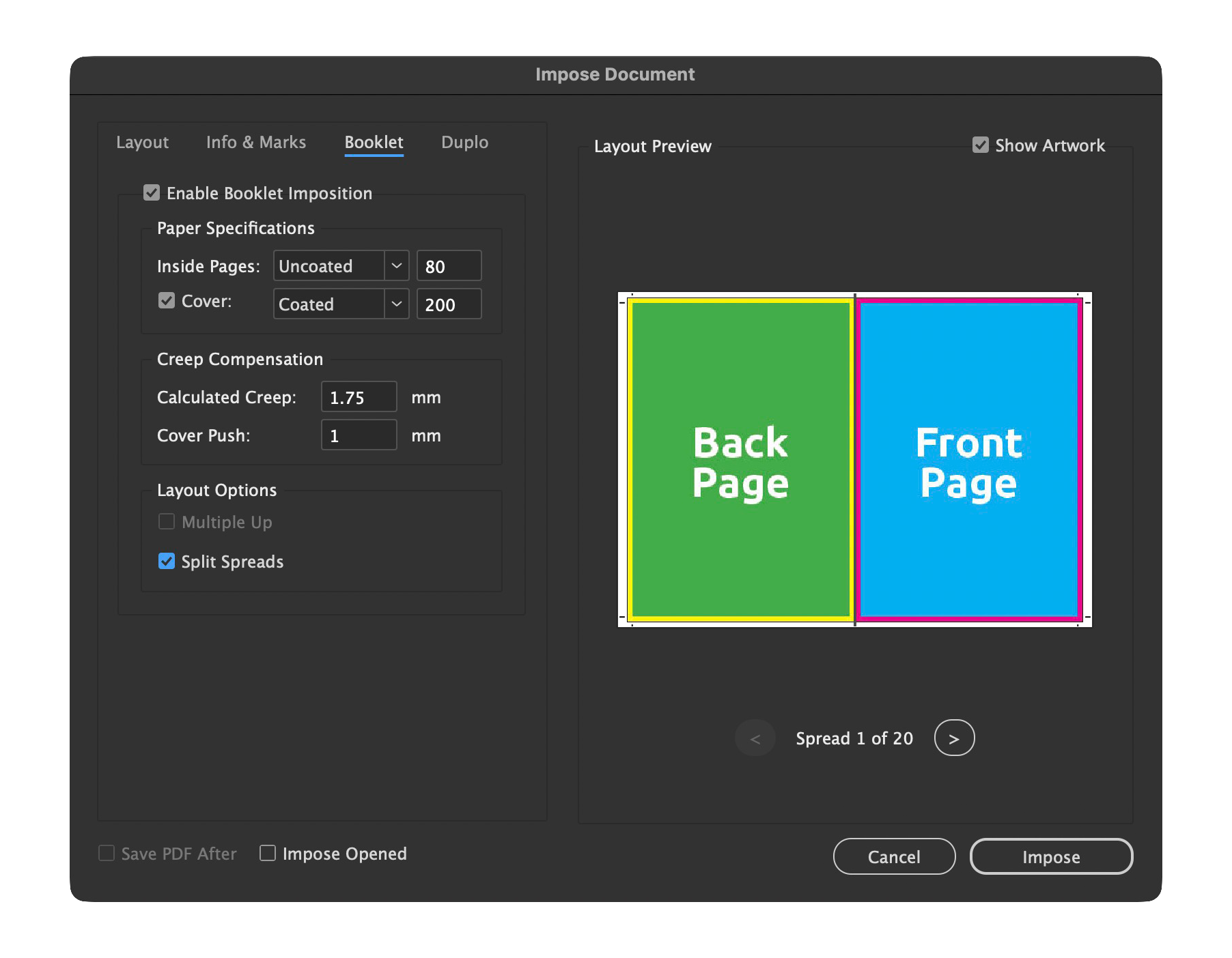 Screenshot of a document imposition setup window with options to enable booklet imposition, set paper specifications, and layout options. The layout preview shows a spread with a green back page labeled 'Back Page' and a blue front page labeled 'Front Page.'