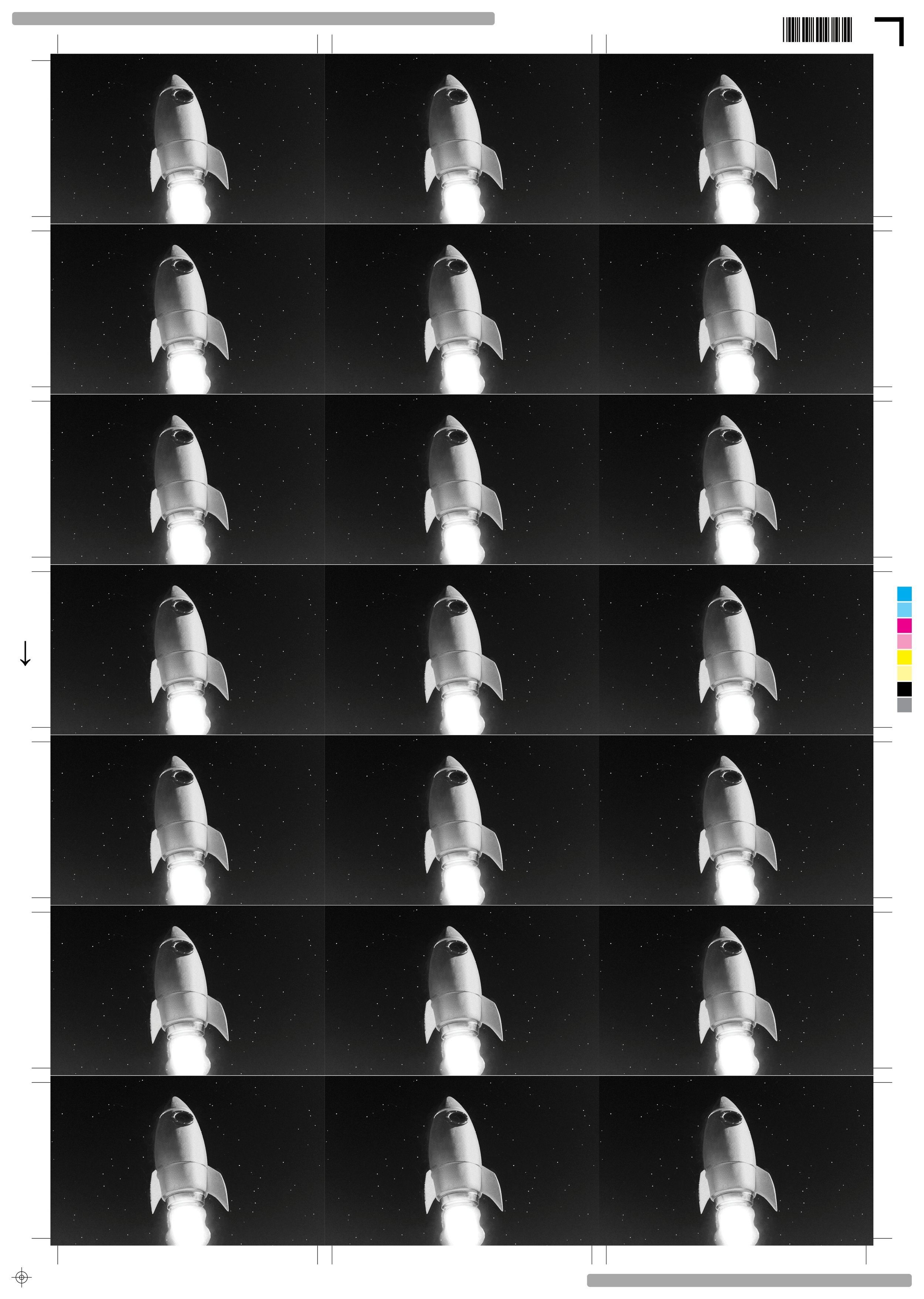 A black and white film strip with 15 frames showing a spaceship taking off into space with stars in the background.