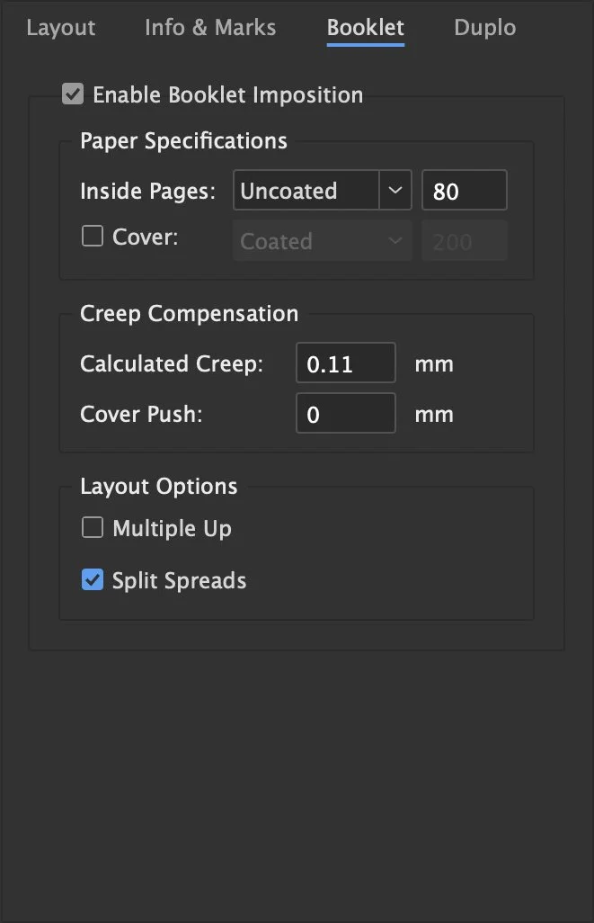 Screenshot of a software interface showing tab options for layout, info & marks, booklet, and duplo. The booklet tab is selected, displaying settings for enabling booklet imposition, paper specifications with inside pages set to uncoated 80gsm, options for cover coating and calibration, and layout options with split spreads checked.