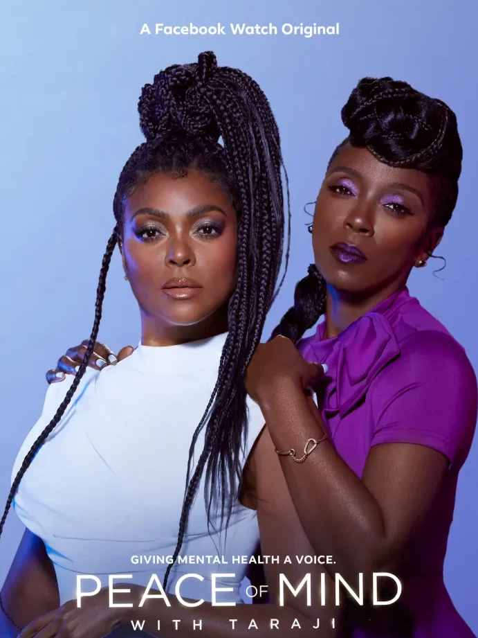 Two women with styled hair and makeup posing together against a blue background. The text reads: "A Facebook Watch Original" and "Giving mental health a voice. Peace of Mind with Taraji."