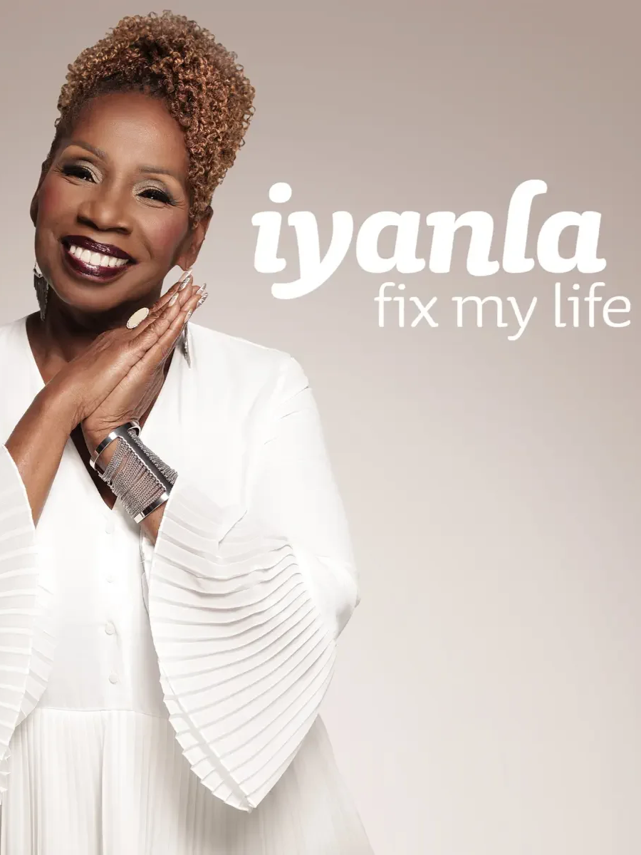 A smiling woman with short curly hair in a white outfit, holding her hands near her face, with the text "ivanla fix my life" next to her.